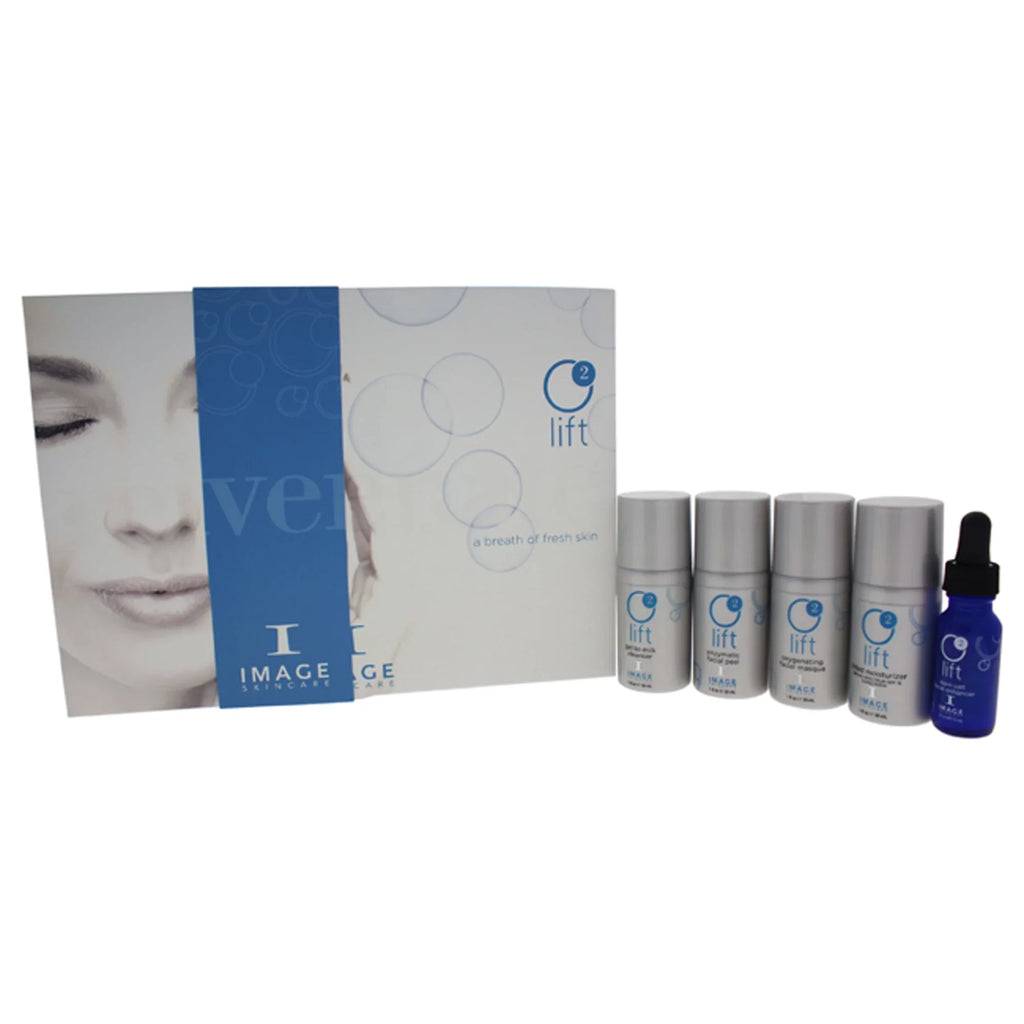 O2 Lift Treatment 5 Pc Kit by Image - 1oz Gel to Milk Cleanser, 1oz Enzymatic Facial Peel, 1oz Oxygenating Facial Fasque, 1oz Tinted Moisturizer SPF 15 Sunscreen, 0.5oz Stem Cell Facial Enhancer