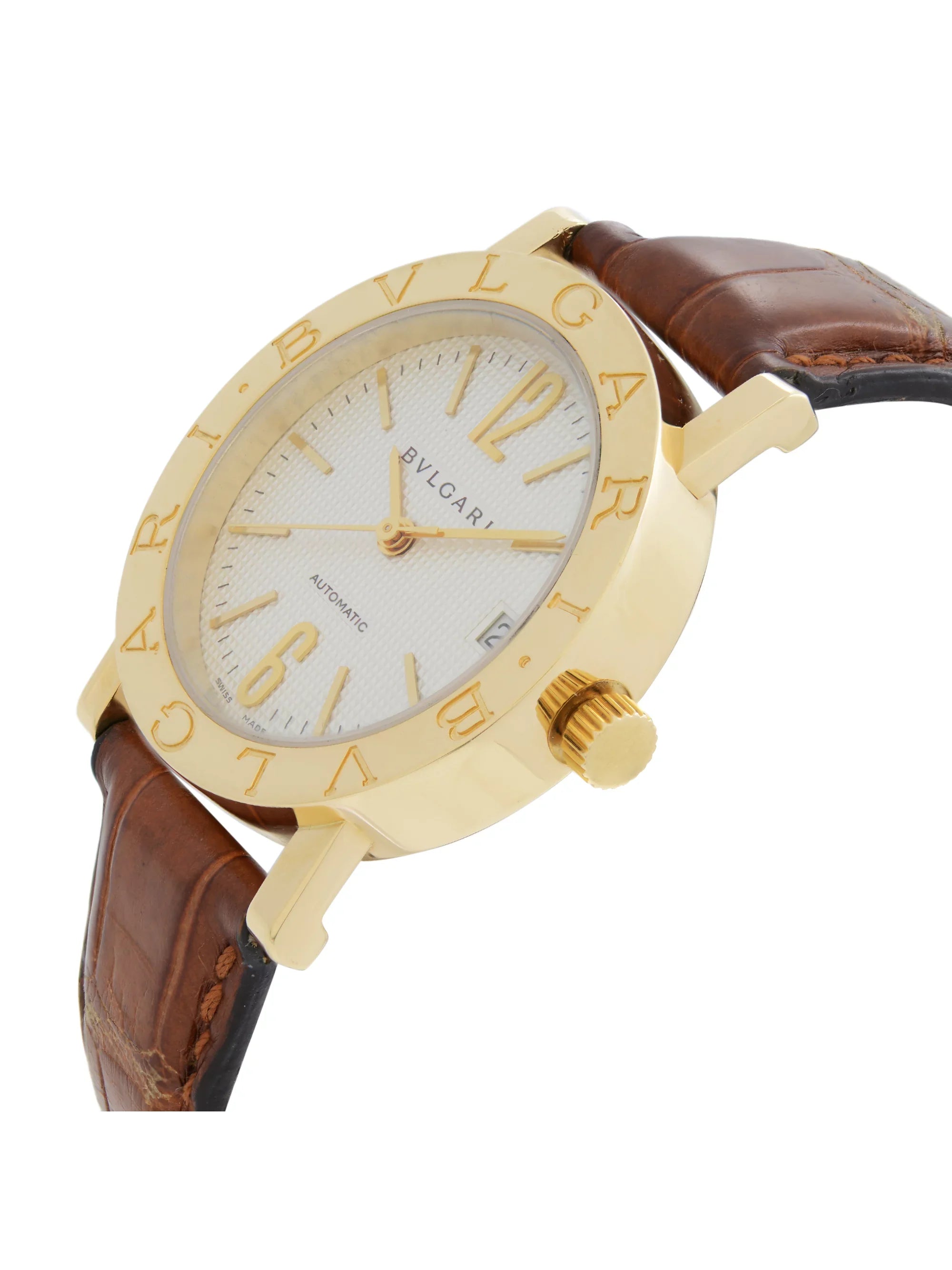 Bvlgari 33mm 18k Yellow Gold White Dial Leather Strap Automatic Watch BB33GL