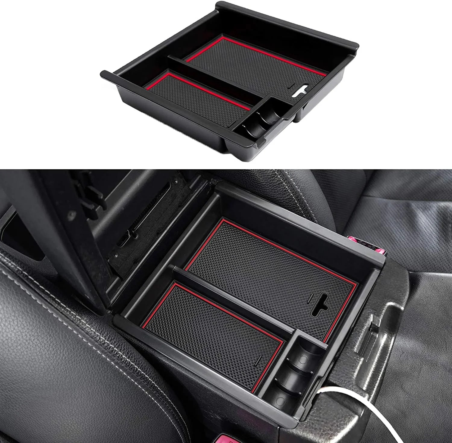 JDMCAR Center Console Tray Organizer Compatible with Toyota Tacoma Accessories 2016-2022 2023, Armrest Insert Container ABS Material Secondary Storage Box-(Red Trim)