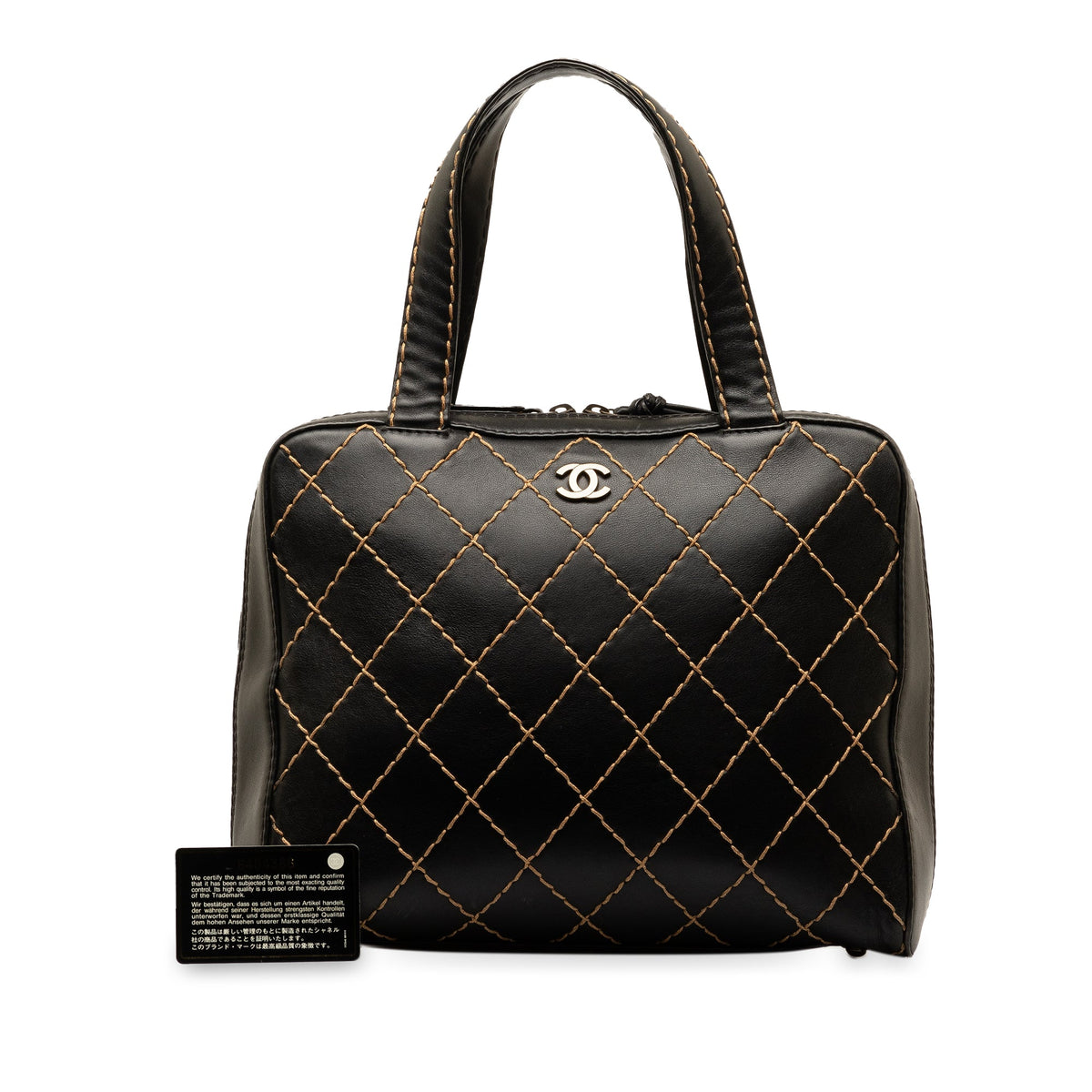 Pre-Owned Authenticated Chanel CC Wild Stitch Handbag Lambskin Leather Black Top HandleBag Unisex (Good)