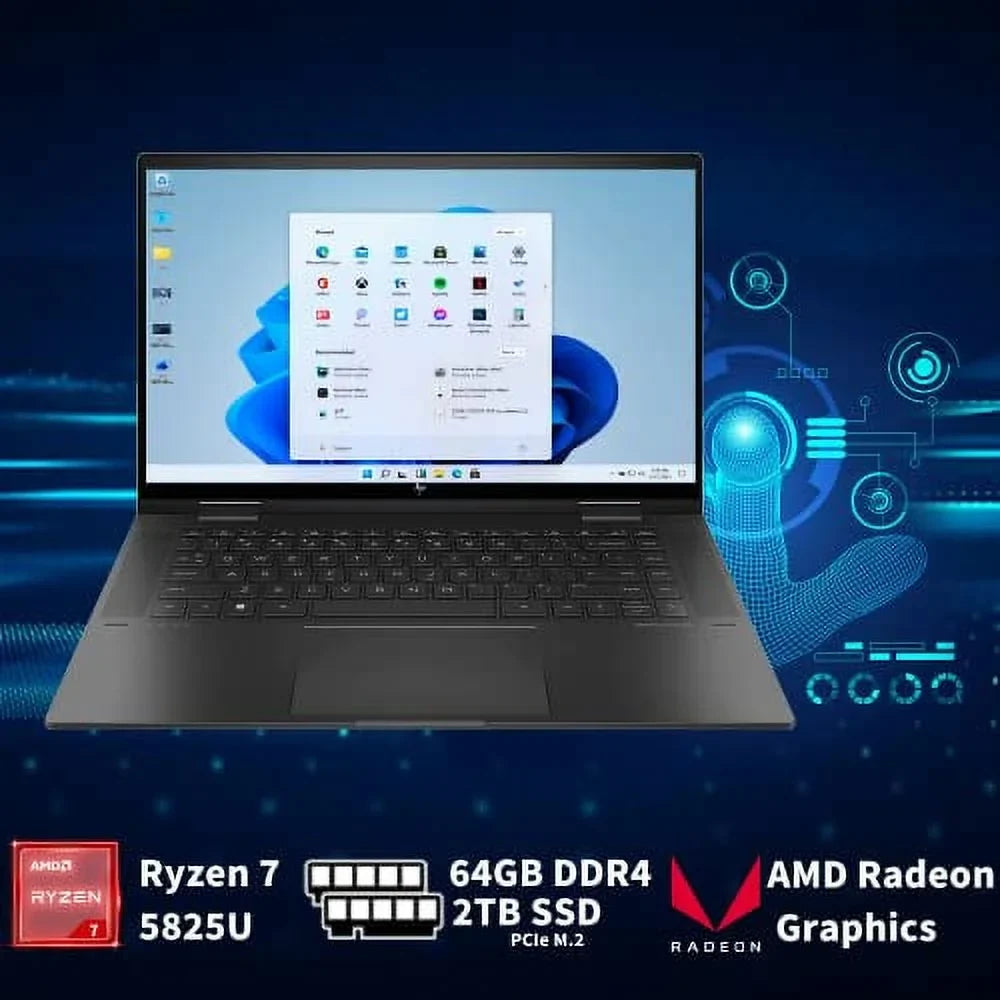 2022 Envy x360 2-in-1 15.6" Touchscreen Notebook, AMD Ryzen 7 5825U, 64GB RAM, 2TB PCIe Solid-state drive, AMD Radeon Graphics, True Vision 5MP IR Camera, Backlit Keyboard, Win 11, Black, 32GB USB Card