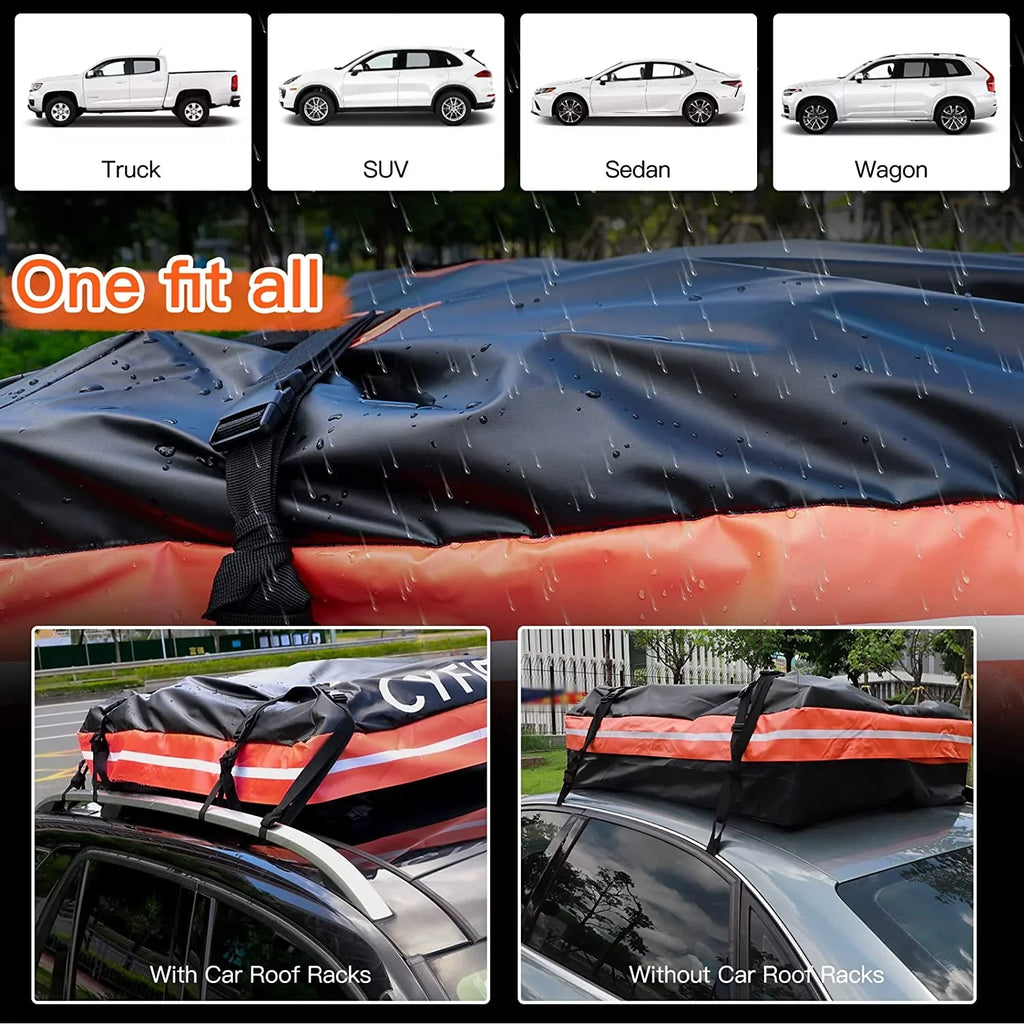 Cyfie Rooftop Cargo Bag for Car,SUV Car Top Carrier 15Cu. ft for All Cars with/Without Rack, Waterproof & Tearproof, Includes Anti-Slip Mat, 8 Reinforced Straps, 6 Door Hooks, Storage Bag