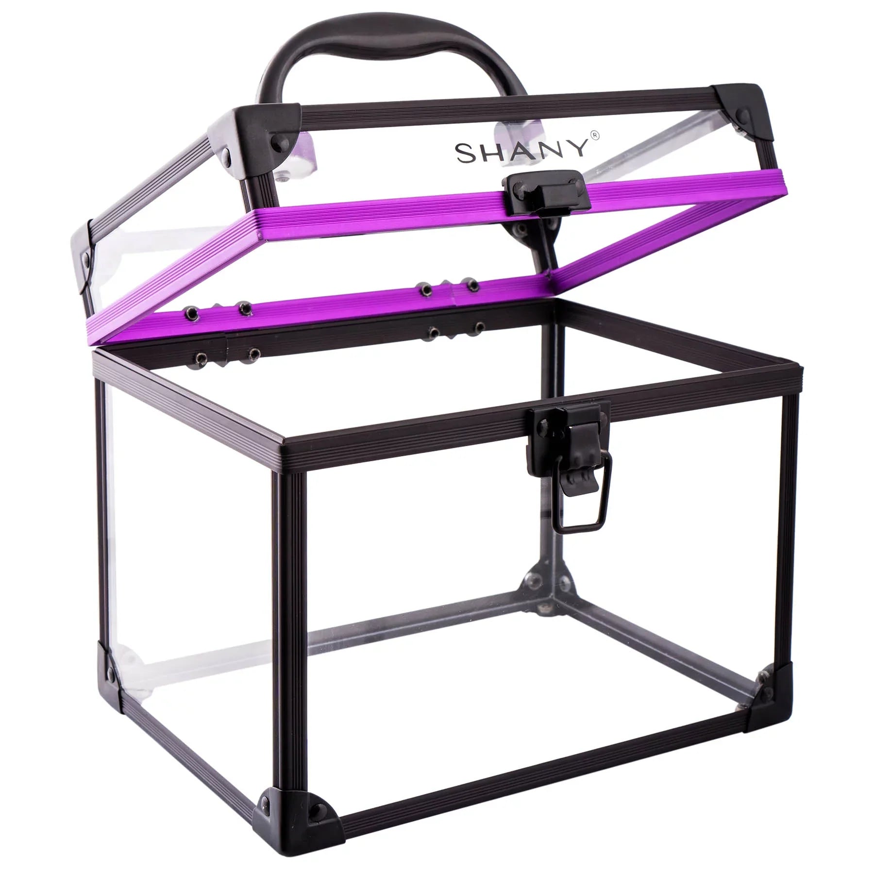 SHANY Clear Cosmetics and Toiletry Train Case - Clear Travel Makeup Bag Case Organizer with Secure Closure and Black/Purple Accents - Extra Large