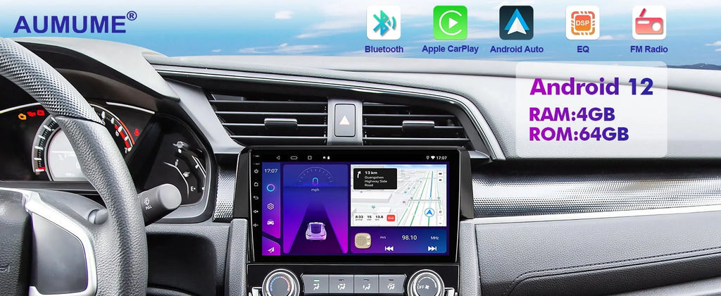 6+128G Android 12 Double Din Car Stereo for Honda Civic 2016-2020 with 9 Inch Touchscreen Radio Built-in Wireless Carplay/Android Auto AUX-in SWC Backup Camera