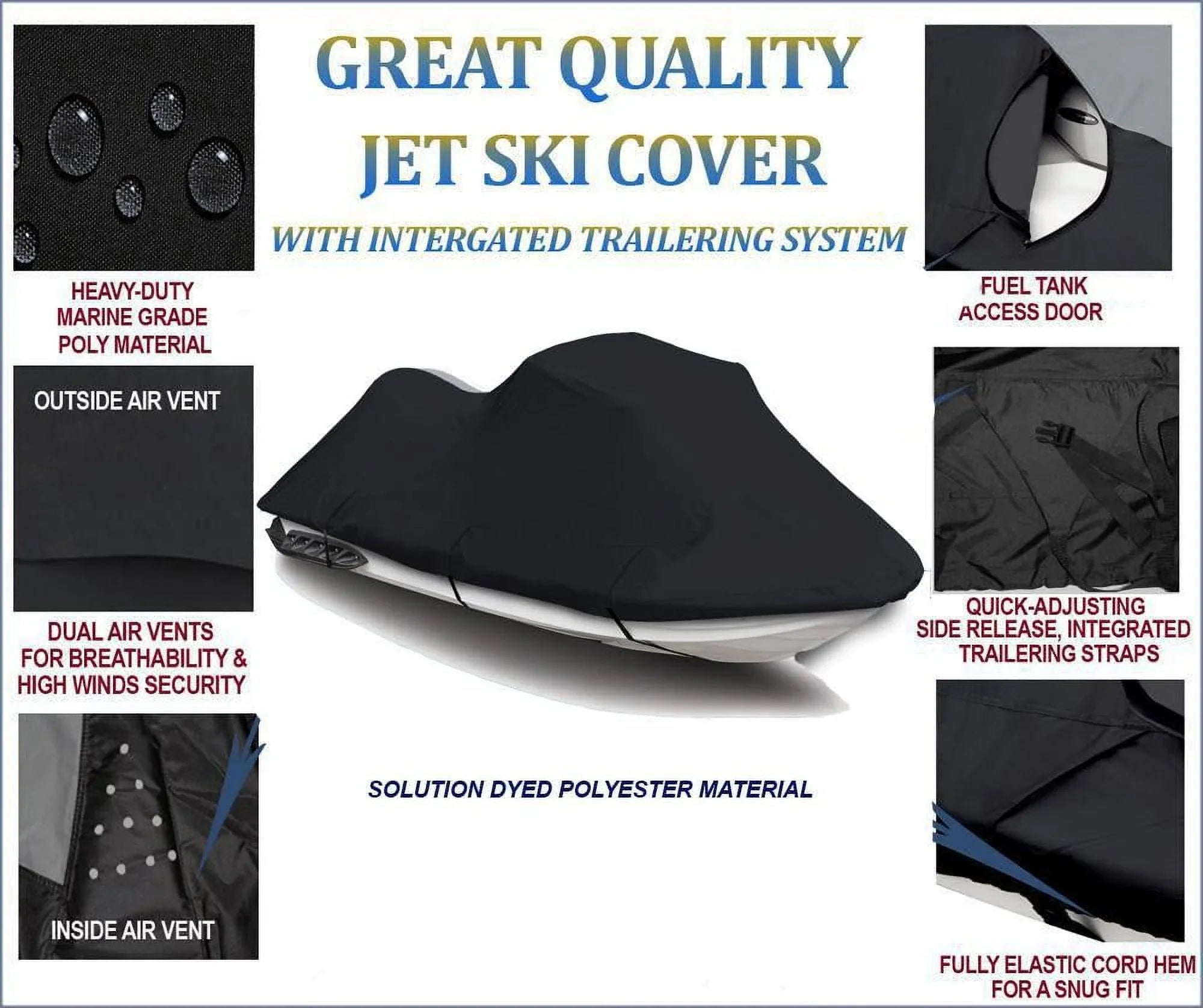 BLACK 600 DENIER JetSki Cover Compatible for Jet Ski PWC Cover Sea Doo Sea-Doo Bombardier RX DI 2000 2001 2002 2003 2 Seater