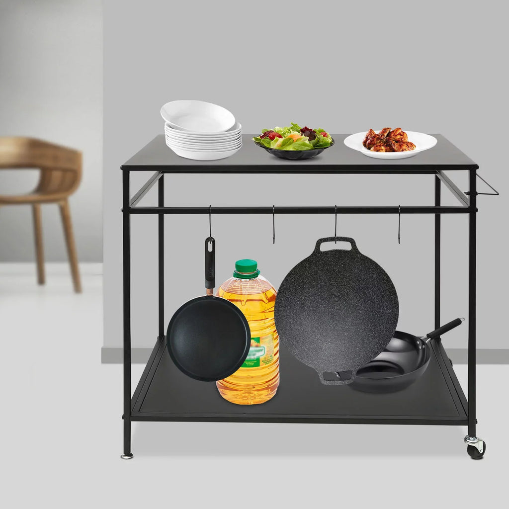 Outdoor Cook Station Table 2-Tier Shelf Food Prep BBQ Grill Serving Cart Movable Rack