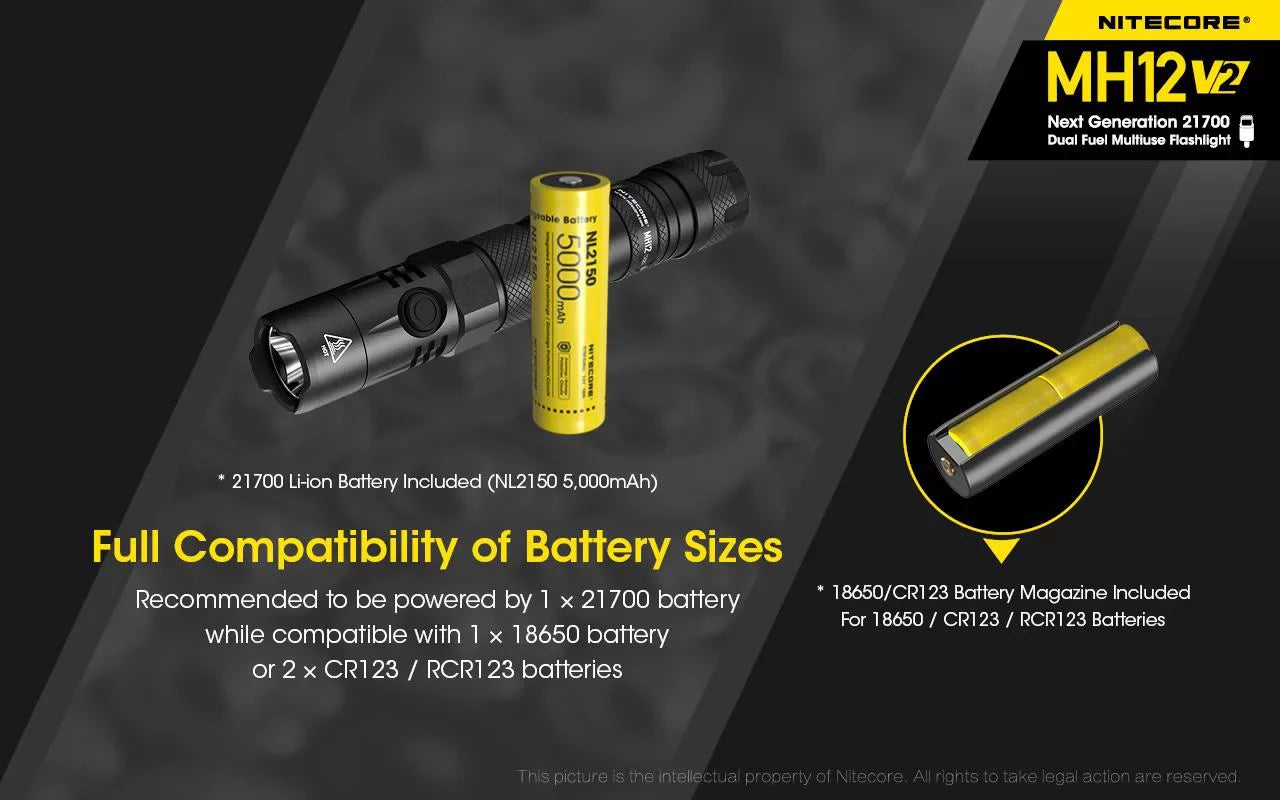COMBO: Nitecore MH12 V2 CREE XP-L2 V6 LED Flashlight -1200 Lumens w/ 21700 Battery and Nitecore NB10000 10,000mAh Power Bank