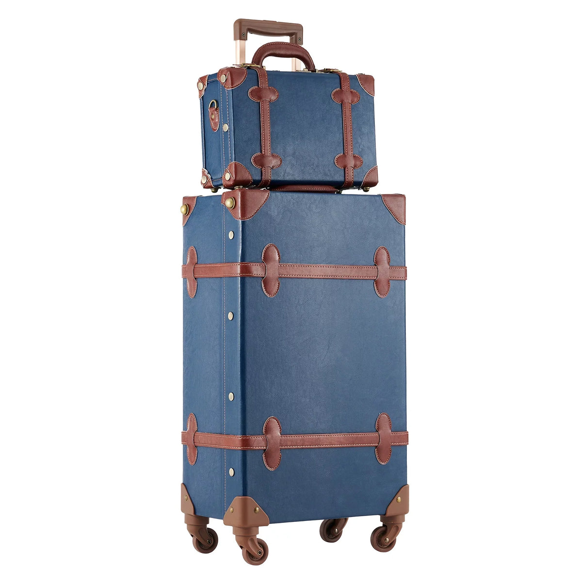 CO-Z Vintage Trunk Combination Luggage Sets of 2 Piece, Travel Carry On Suitcase for Women with Spinner Wheels 24"+12",Blue