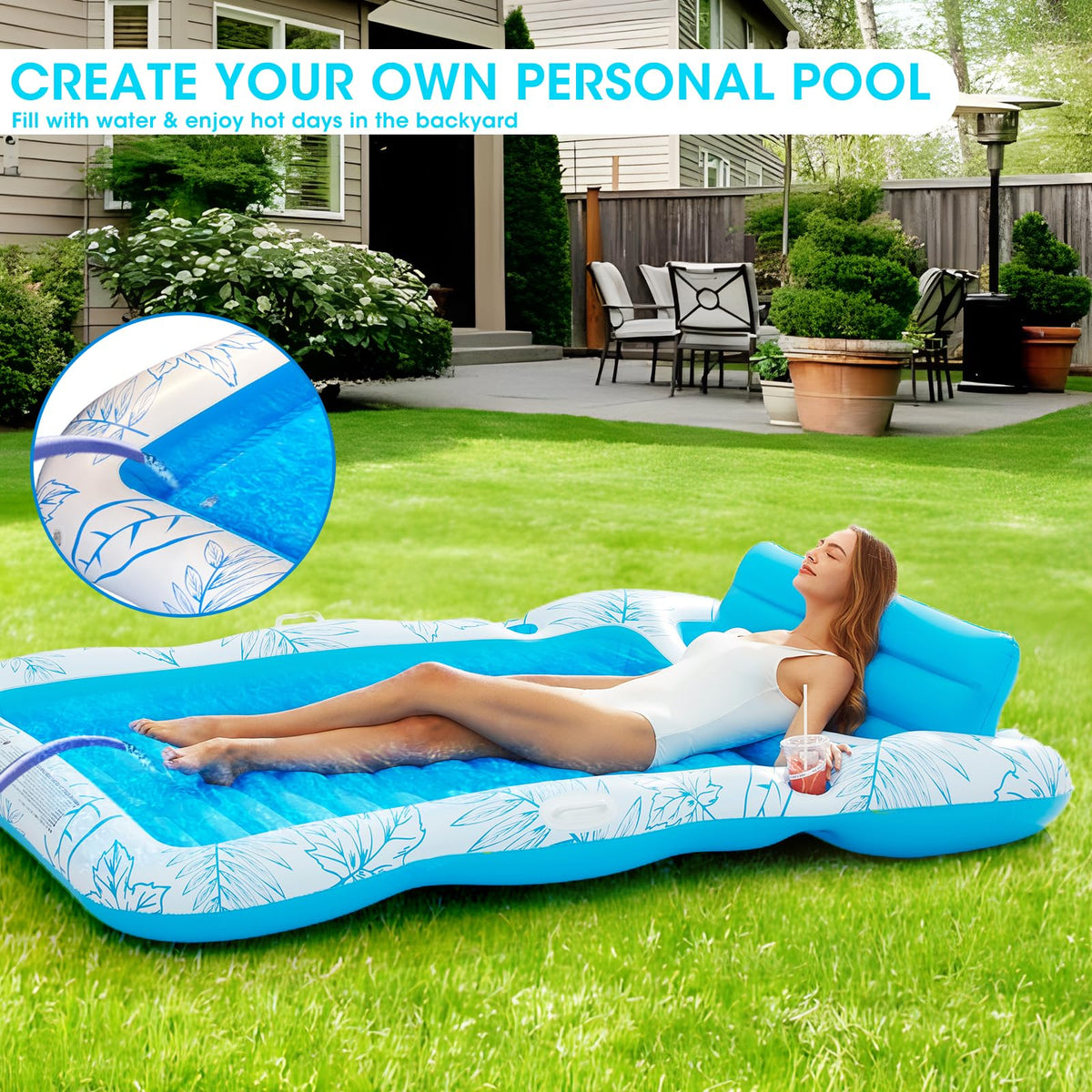 Inflatable Tanning Pool Lounger Float -4 in 1 Sun Tan Tub Sunbathing Pool Lounge Raft Floatie Toys Water Filled Tanning Bed Mat Pad for Adult Blow Up Kiddie Pool Kids Ball Pit Pool L