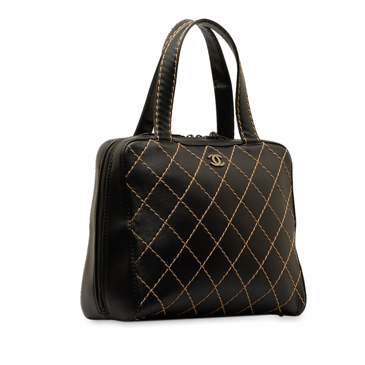 Pre-Owned Authenticated Chanel CC Wild Stitch Handbag Lambskin Leather Black Top HandleBag Unisex (Good)