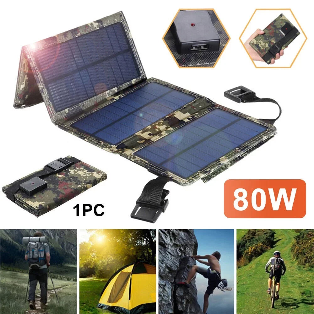 Foldable Outdoor 80W USB Solar Panel Portable Phone Charger Camping Hiking Rechargeable Battery High Quality