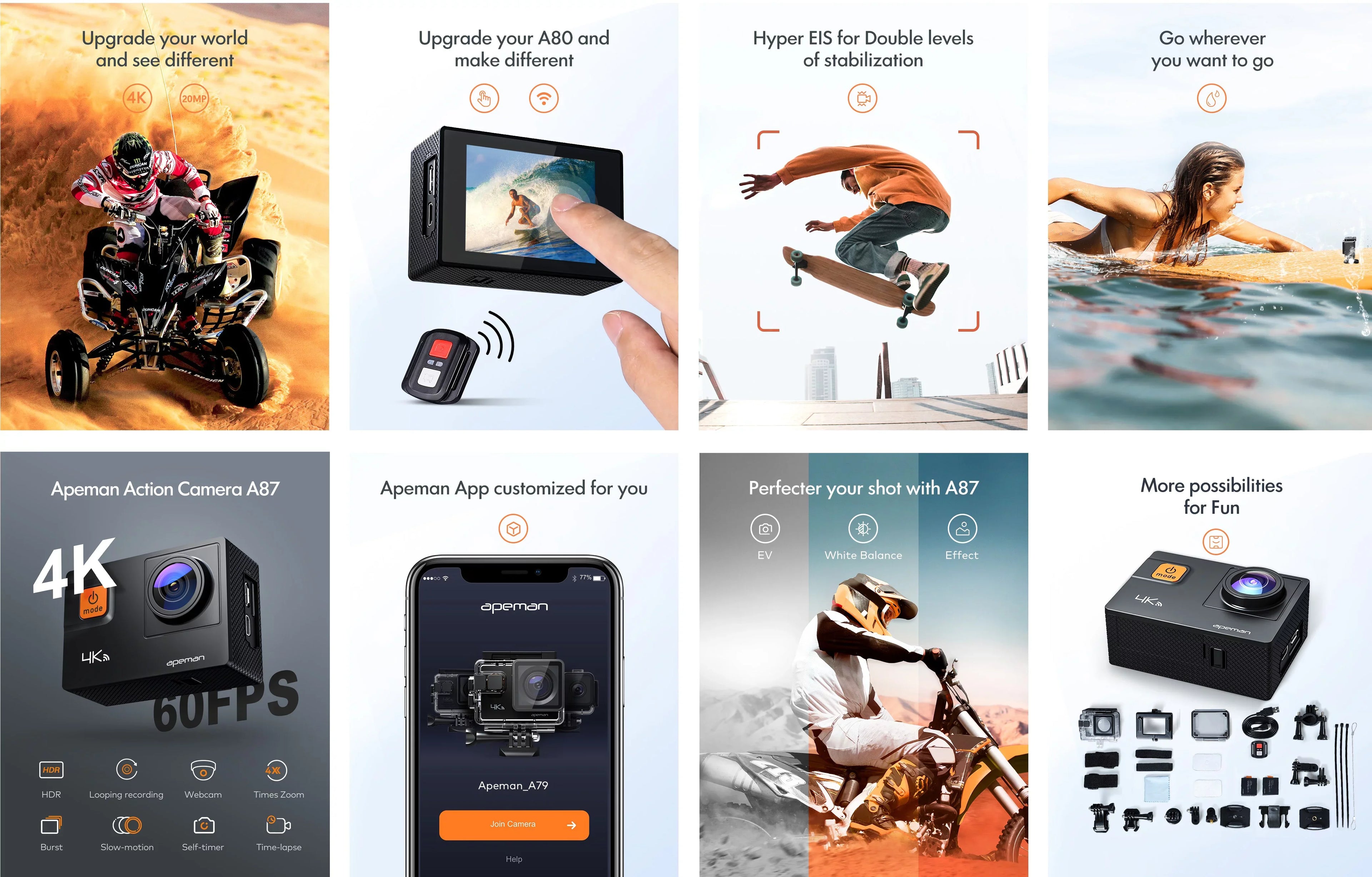 Apeman A87 Action Camera, UHD 4K/60fps 20MP Touchscreen WiFi Underwater Camcorder for Motorbike and Skateboard Camera