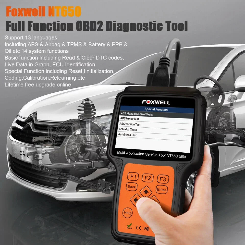 FOXWELL NT650 Elite Car OBD2 Scanner Automotive OBD II ABS Air Bag Code Reader with SAS EPB DPF EPS TPMS TPS Battery Registeration Oil Light Reset