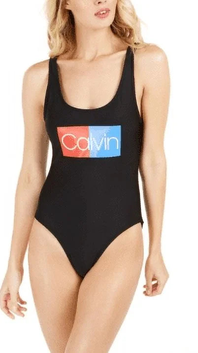 Calvin Klein BLACK Logo Deep U-Back One-Piece Swimsuit, US Large