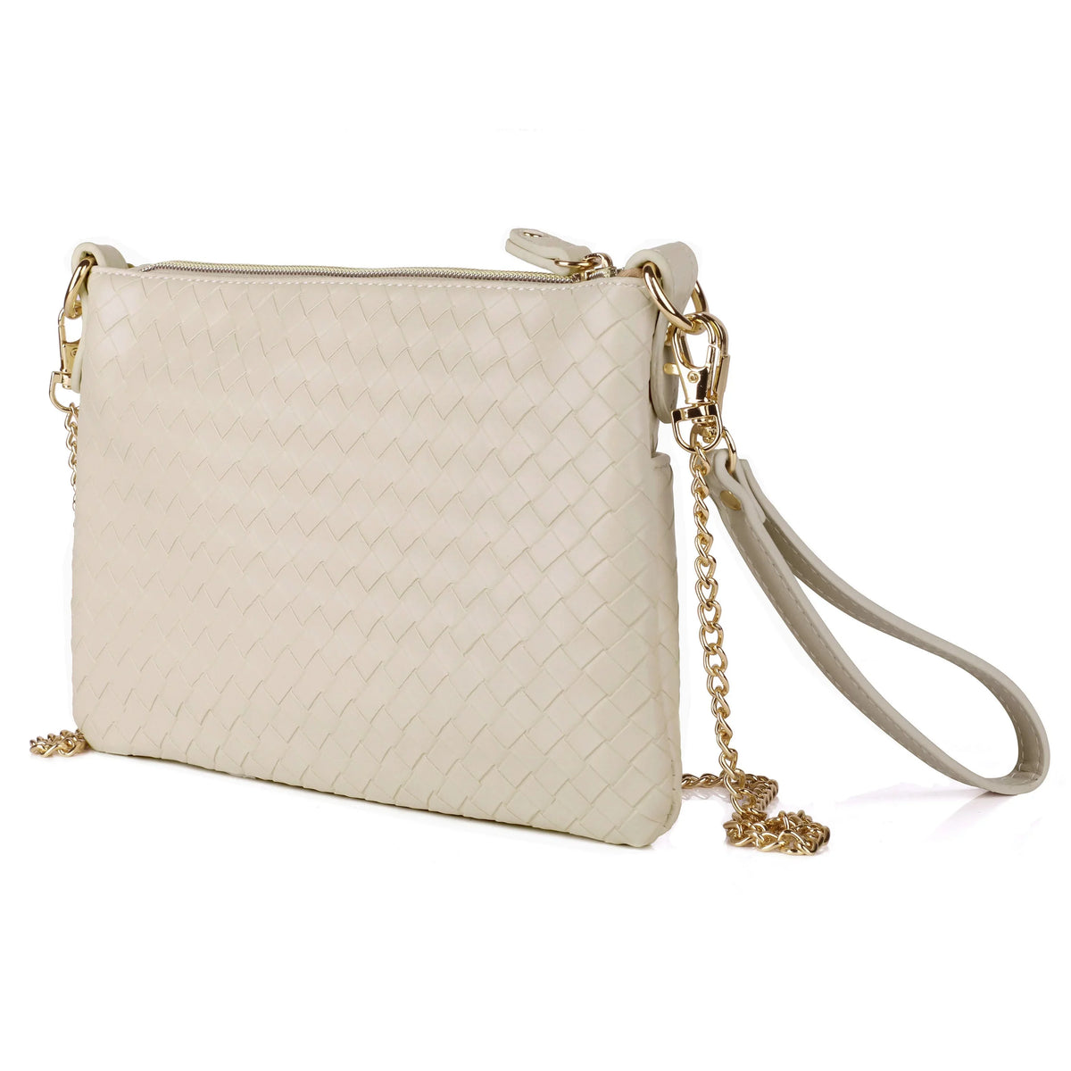 Julia Buxton Women's Basketweave Everywhere Convt Pouch Vegan Leather, White Pepper