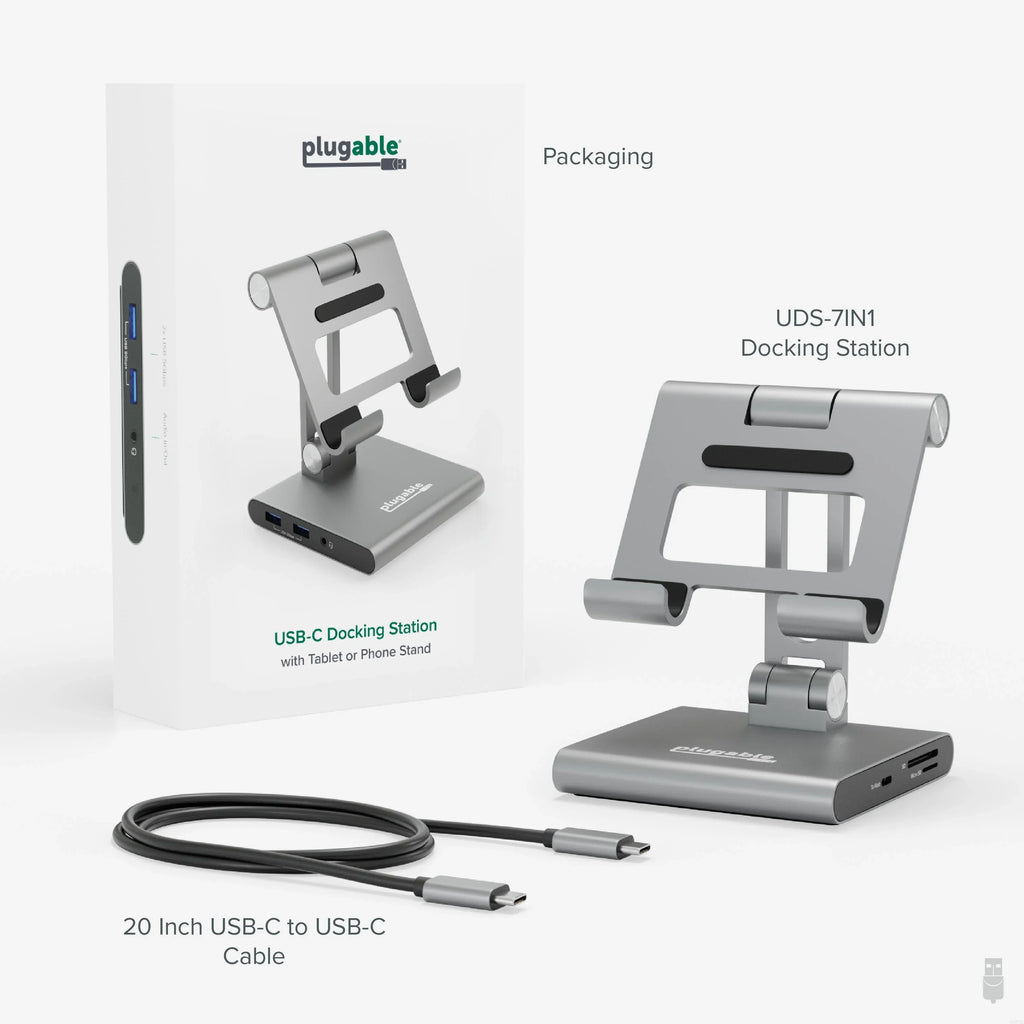 Plugable 8-in-1 USB C Docking Station for iPad with Stand, 100W Pass-through Charging USB-C Hub, 1x HDMI, 2x USB, Audio, and SD, Compatible with Microsoft Windows, iPadOS, USB-C Phones, and Tablets