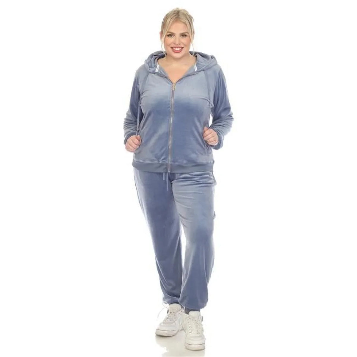 PS2121-22-2X Womens Plus Size Velour Tracksuit Set, Denim Blue - 2X - 2 Piece