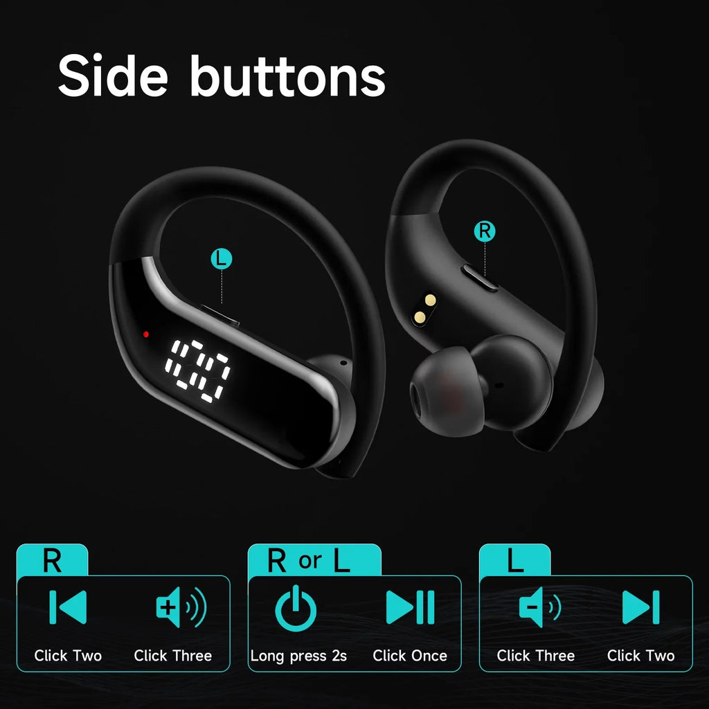 Bluetooth 5.3 Headphones Wireless Earbuds 100hrs Playtime Wireless Charging Case Digital Display Sports Ear buds with Earhook Premium Deep Bass Waterproof Over-Ear Earphones for TV Phone Portable computer Black