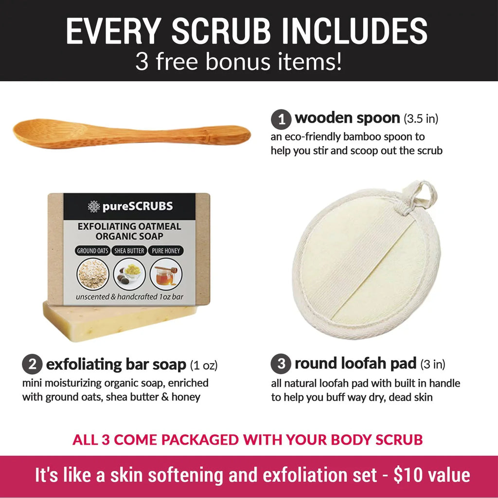 pureSCRUBS Premium Organic Body Scrub Set - Large 16oz VANILLA BODY SCRUB - Pure Dead Sea Salt Infused With Organic Essential Oils & Nutrients + FREE Wooden Spoon, Loofah & Mini Exfoliating Bar Soap