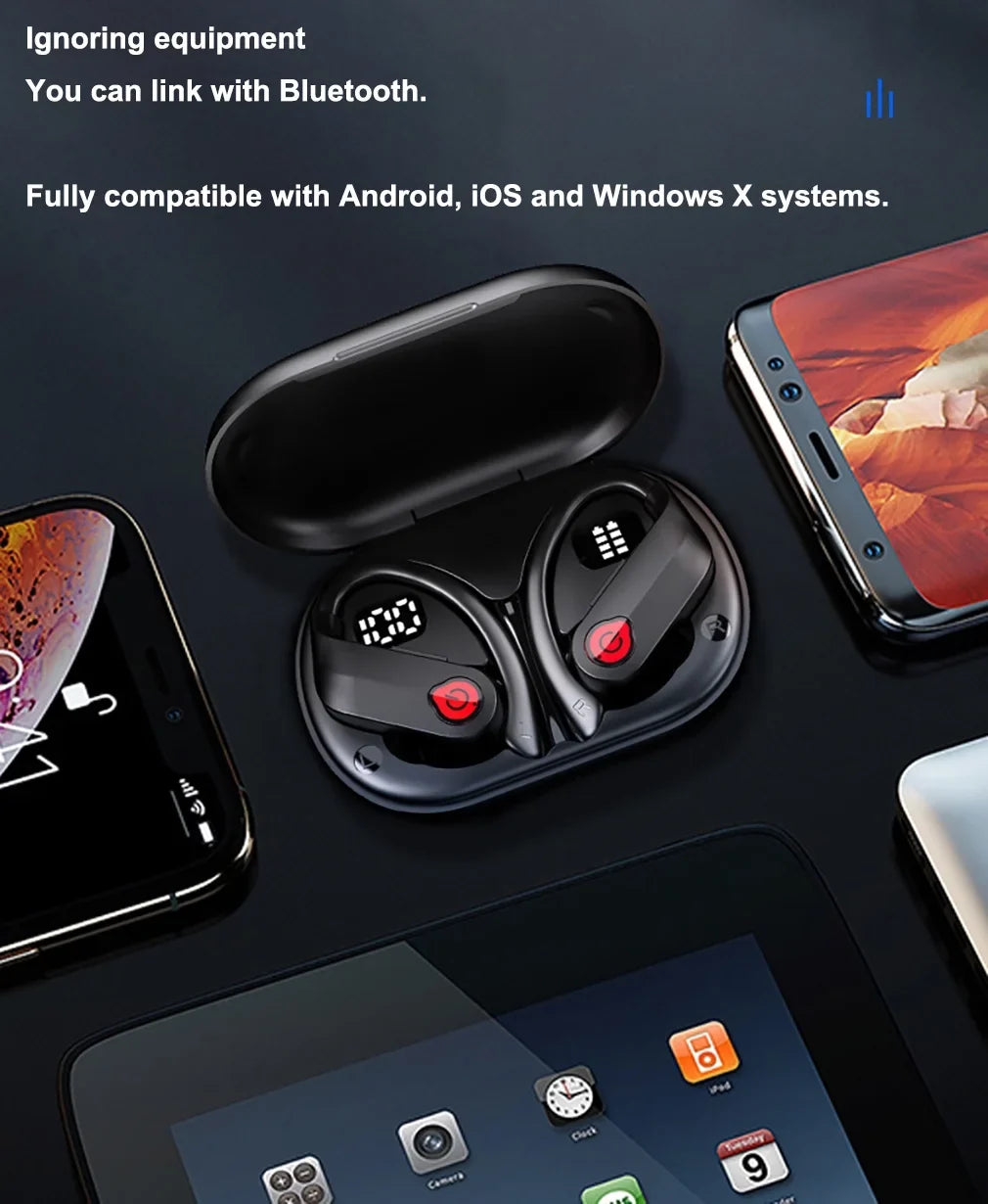 Bluetooth Headphones Wireless Earbuds 20hrs Playtime Charging Case Digital Display Sports Ear buds with Earhook Premium Deep Bass IPX7 Waterproof Over-Ear Earphones for TV Phone Portable computer Black