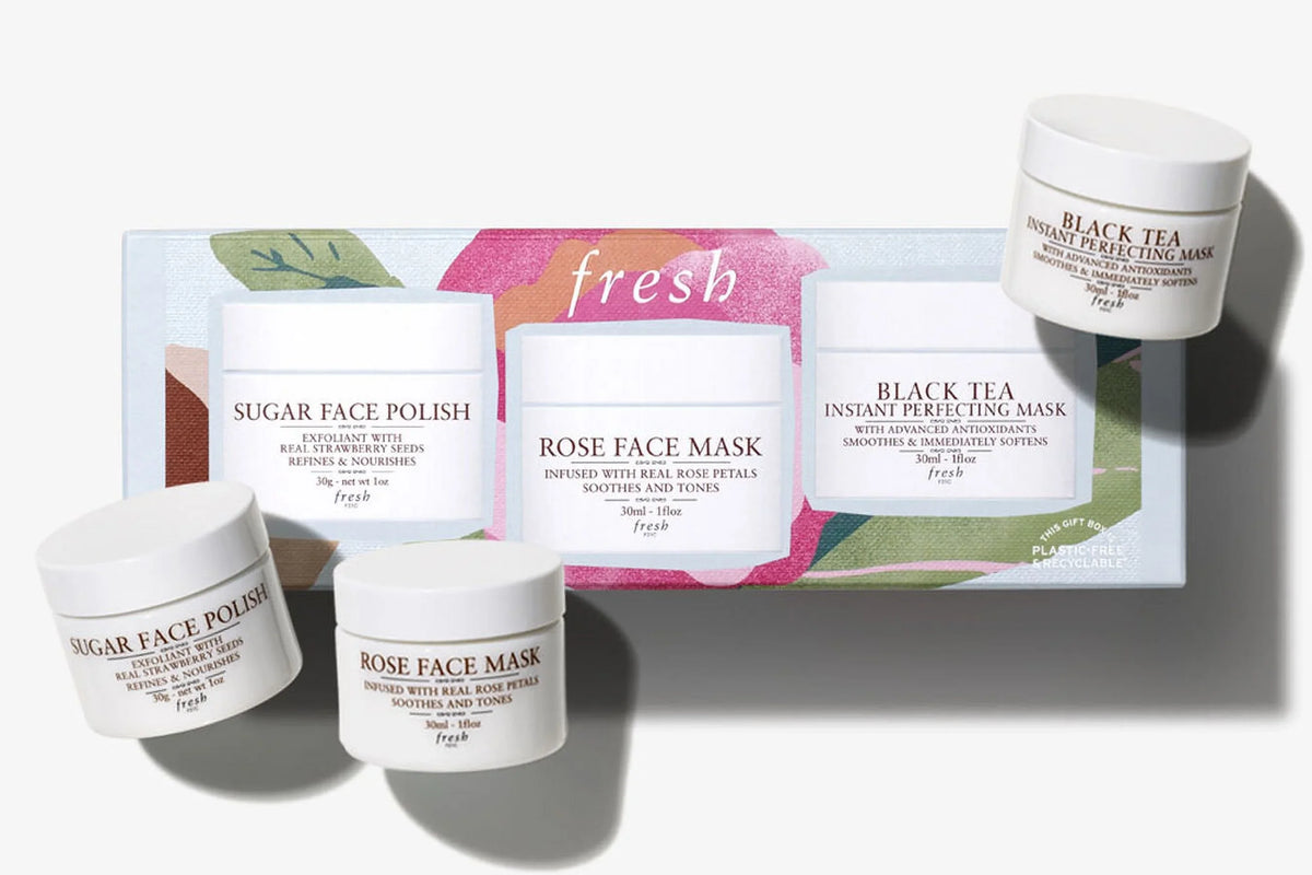Fresh Face Mask Essentials Gift Set, Facial Masks: Sugar Face Polish, Rose Face Mask, Black Tea, Advanced Antioxidants (Gift Set, 3 Pack) *EN