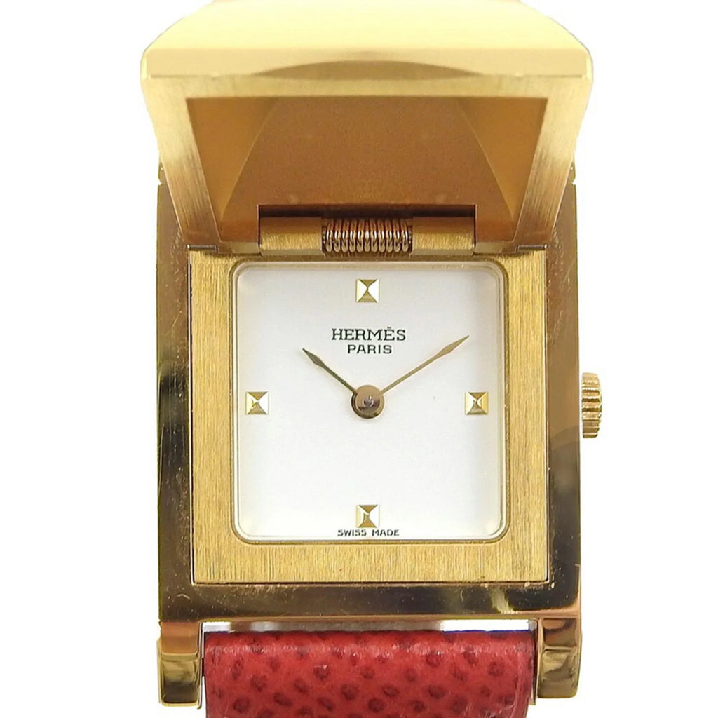 Pre-Owned Hermes Medor Watch Gold Plated x Leather 1995 〇Y Quartz Analog Display White Dial Ladies I211723022 (Good)