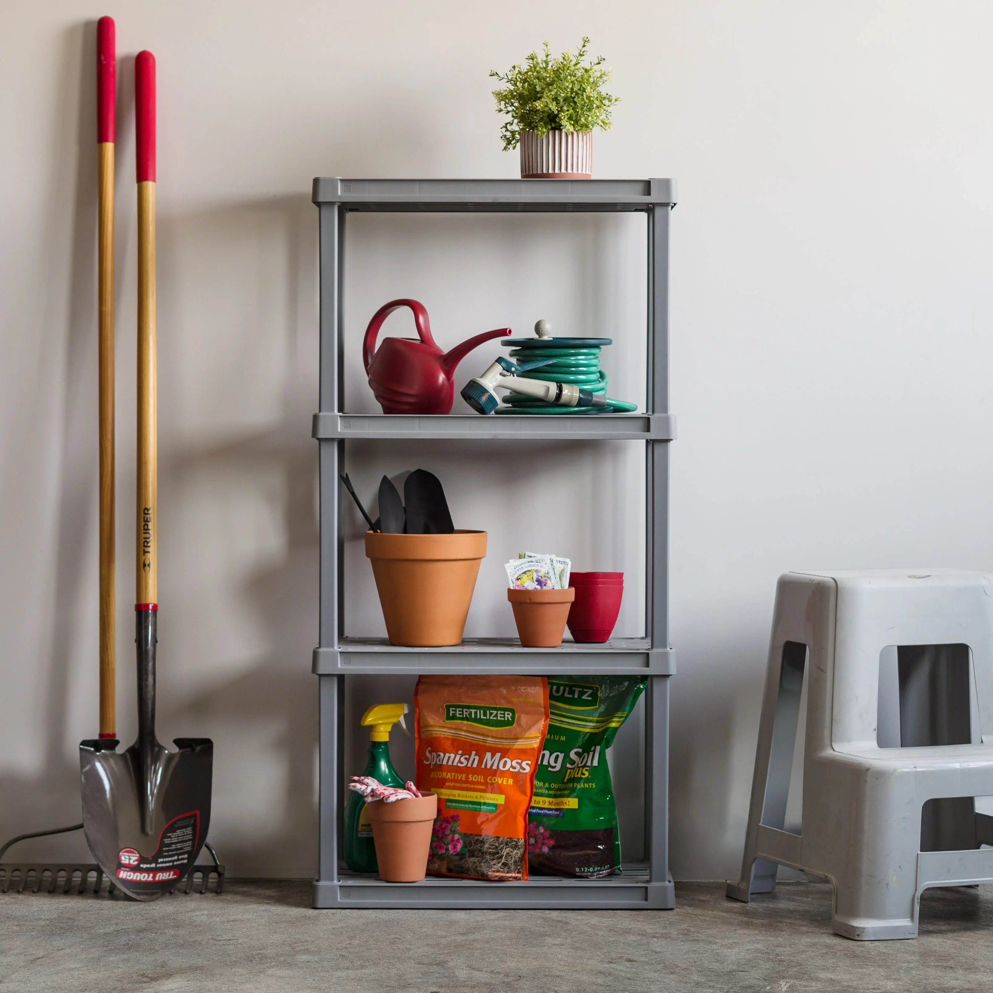 IRIS USA 4-Tier Plastic Rack Storage Shelf with 160 lb. Total Capacity, Elephant Gray