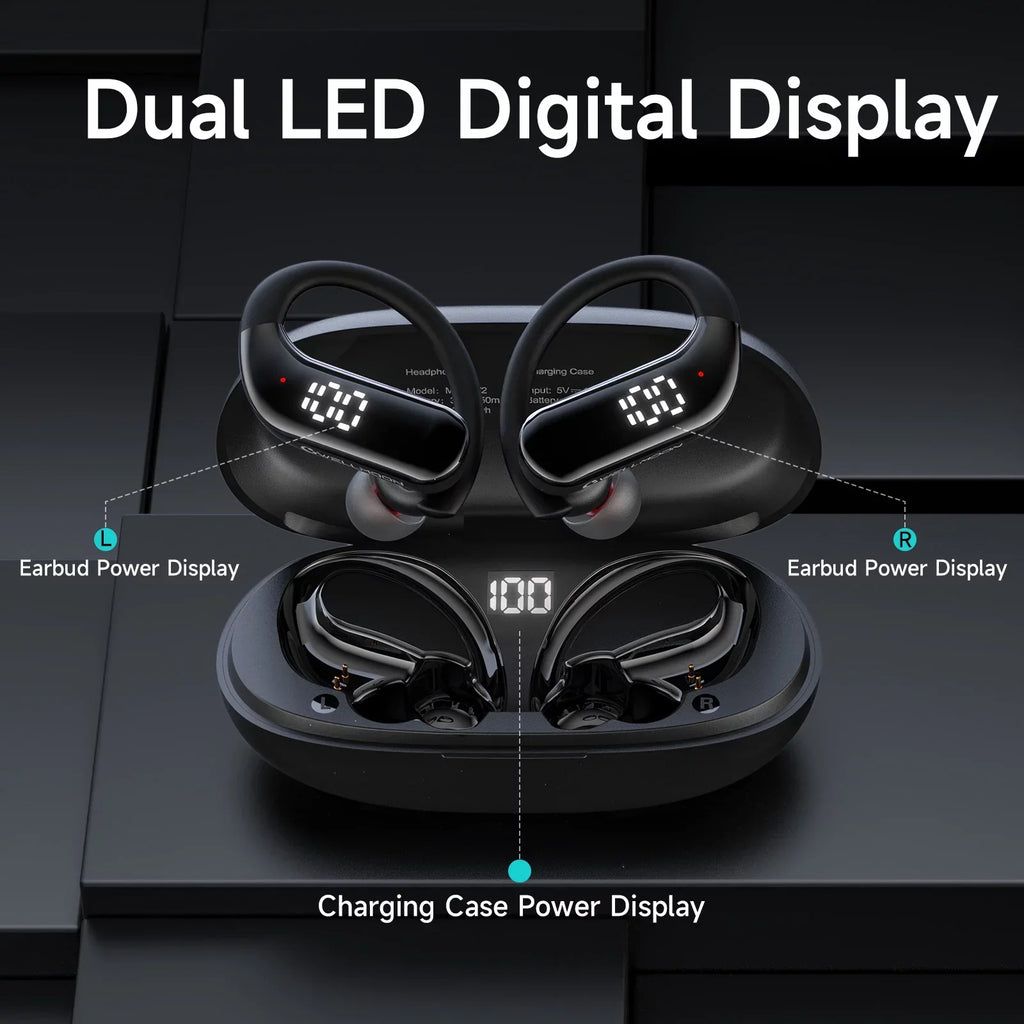 Bluetooth 5.3 Headphones Wireless Earbuds 100hrs Playtime Wireless Charging Case Digital Display Sports Ear buds with Earhook Premium Deep Bass Waterproof Over-Ear Earphones for TV Phone Portable computer Black