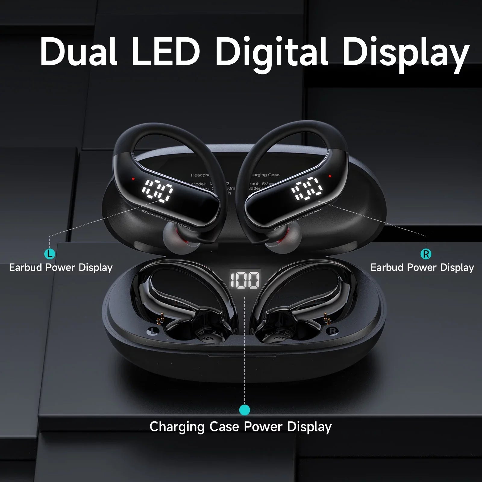 Bluetooth 5.3 Headphones Wireless Earbuds 100hrs Playtime Wireless Charging Case Digital Display Sports Ear buds with Earhook Premium Deep Bass Waterproof Over-Ear Earphones for TV Phone Portable computer Black