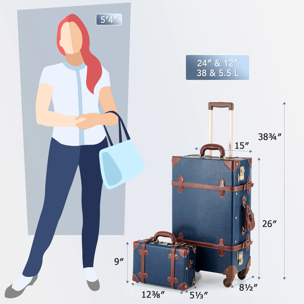 CO-Z Vintage Trunk Combination Luggage Sets of 2 Piece, Travel Carry On Suitcase for Women with Spinner Wheels 24"+12",Blue