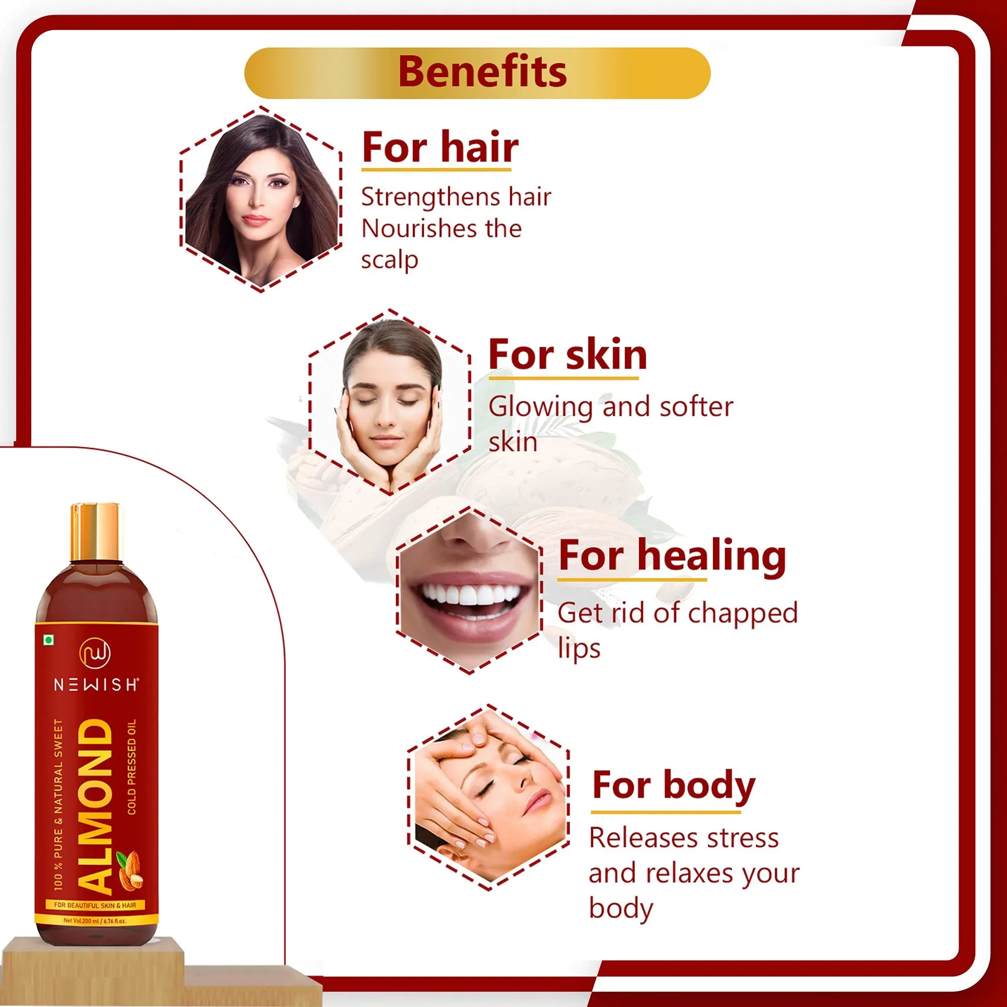 Newish® Badam Rogan Oil | 100% Pure & Natural Cold Pressed Sweet Almond Oil For Hair, Body And Skin, Unrefined 200Ml (Pack Of 1)