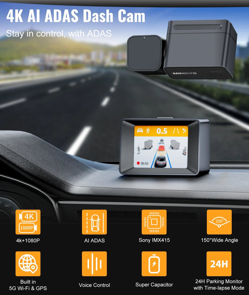 MINIEYE C2M 4K Dash Cam Front and Rear, Dual Dash Camera for Cars 4K+1080P - AI Collision Avoidance Device, 2.4'' LCD, Built-in 5G WiFi GPS, ADAS, Loop Recording, Super Night Vision, APP OTA Update