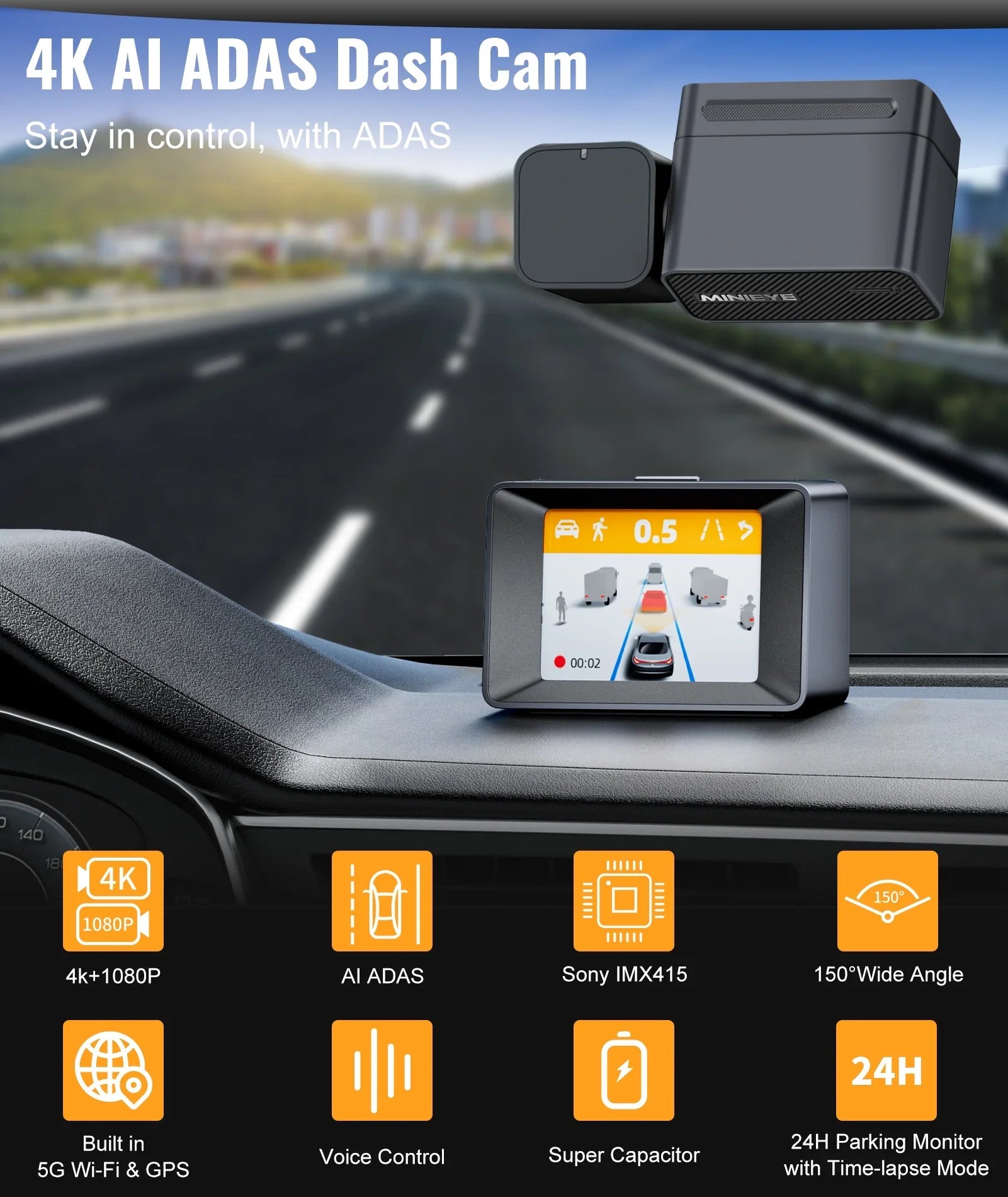 MINIEYE C2M 4K Dash Cam Front and Rear, Dual Dash Camera for Cars 4K+1080P - AI Collision Avoidance Device, 2.4'' LCD, Built-in 5G WiFi GPS, ADAS, Loop Recording, Super Night Vision, APP OTA Update