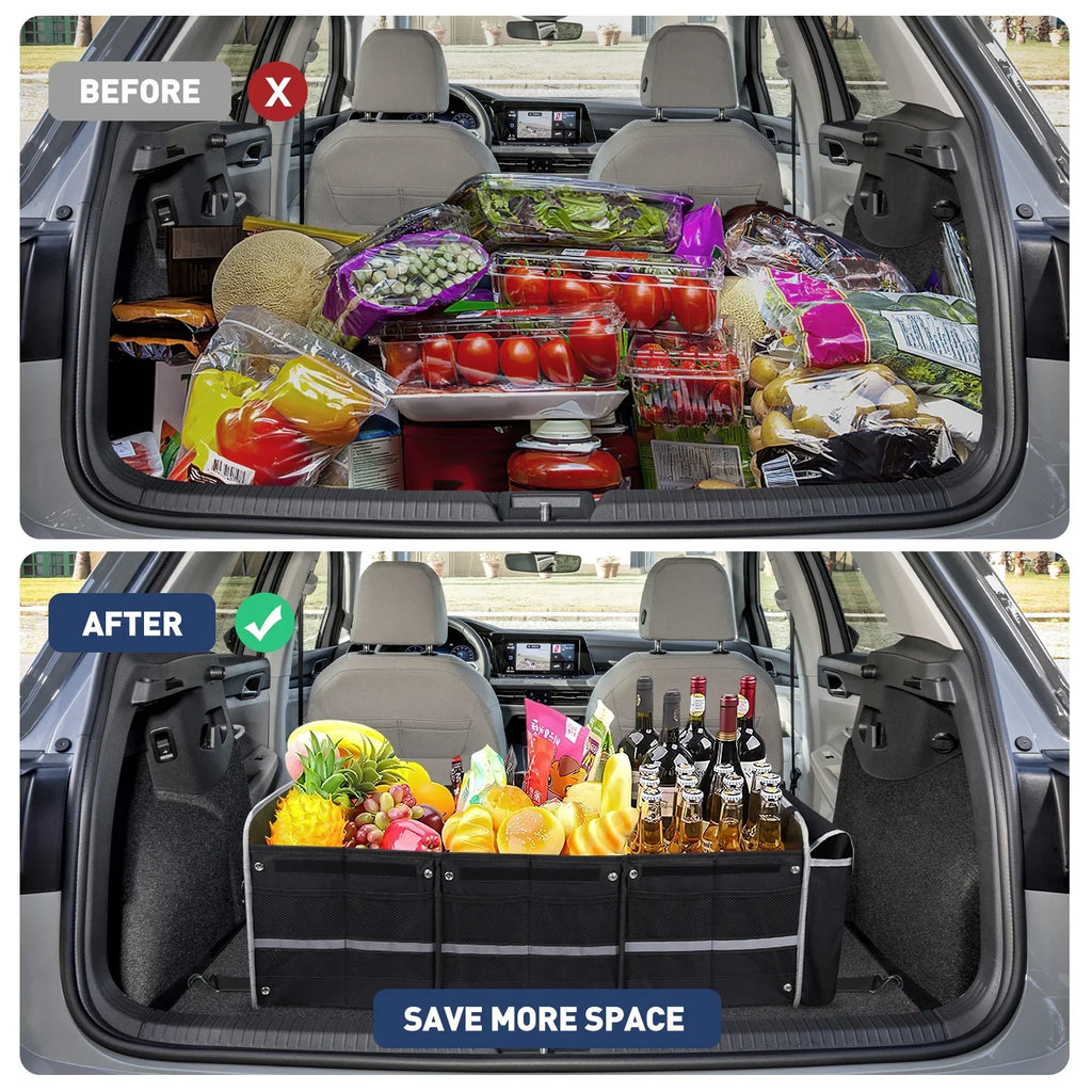Car Trunk Storage Organizer, 4 in 1 Multi Compartment Collapsible Trunk Storage Box with Leakproof Insulated Cooler Bag for Car Truck SUV