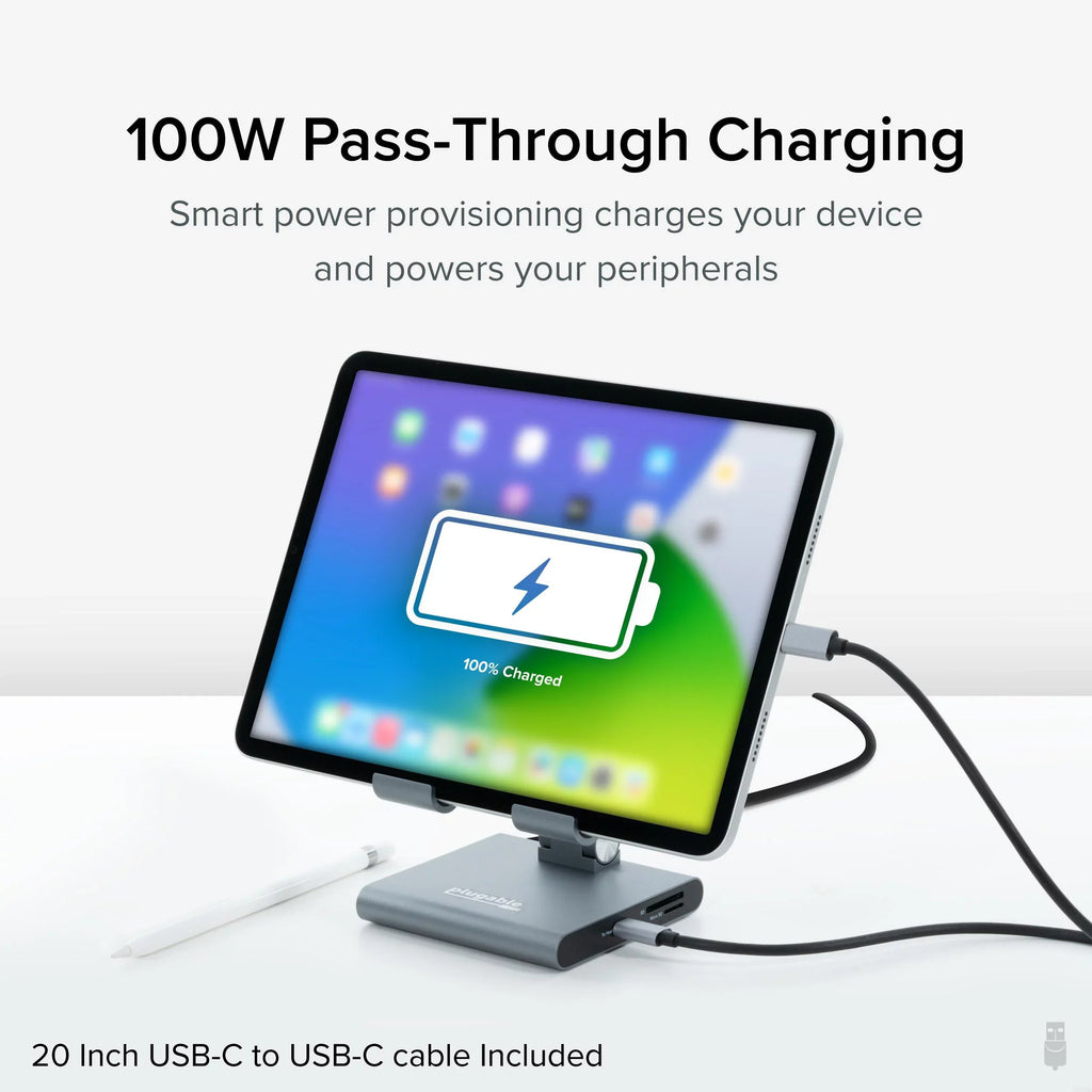 Plugable 8-in-1 USB C Docking Station for iPad with Stand, 100W Pass-through Charging USB-C Hub, 1x HDMI, 2x USB, Audio, and SD, Compatible with Microsoft Windows, iPadOS, USB-C Phones, and Tablets