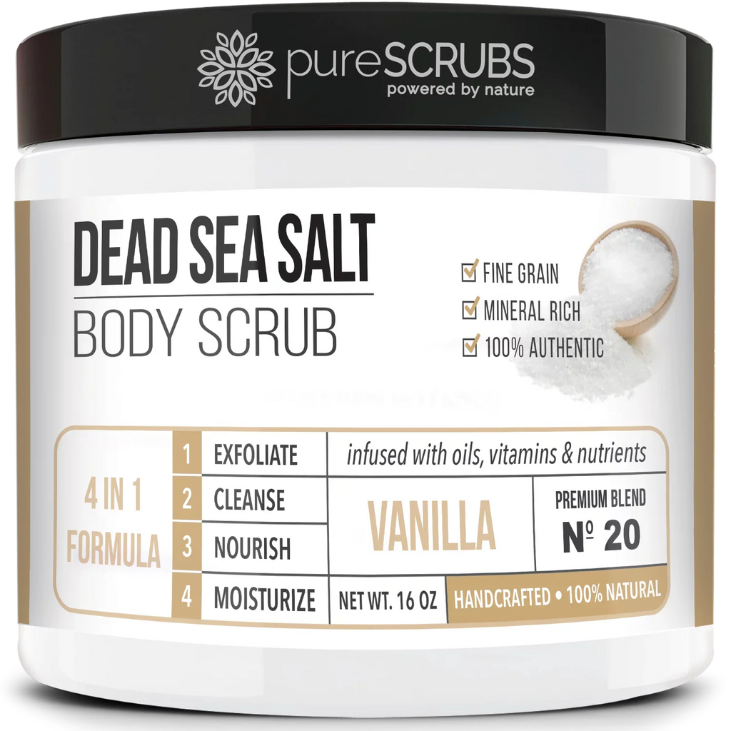 pureSCRUBS Premium Organic Body Scrub Set - Large 16oz VANILLA BODY SCRUB - Pure Dead Sea Salt Infused With Organic Essential Oils & Nutrients + FREE Wooden Spoon, Loofah & Mini Exfoliating Bar Soap