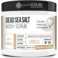 pureSCRUBS Premium Organic Body Scrub Set - Large 16oz VANILLA BODY SCRUB - Pure Dead Sea Salt Infused With Organic Essential Oils & Nutrients + FREE Wooden Spoon, Loofah & Mini Exfoliating Bar Soap
