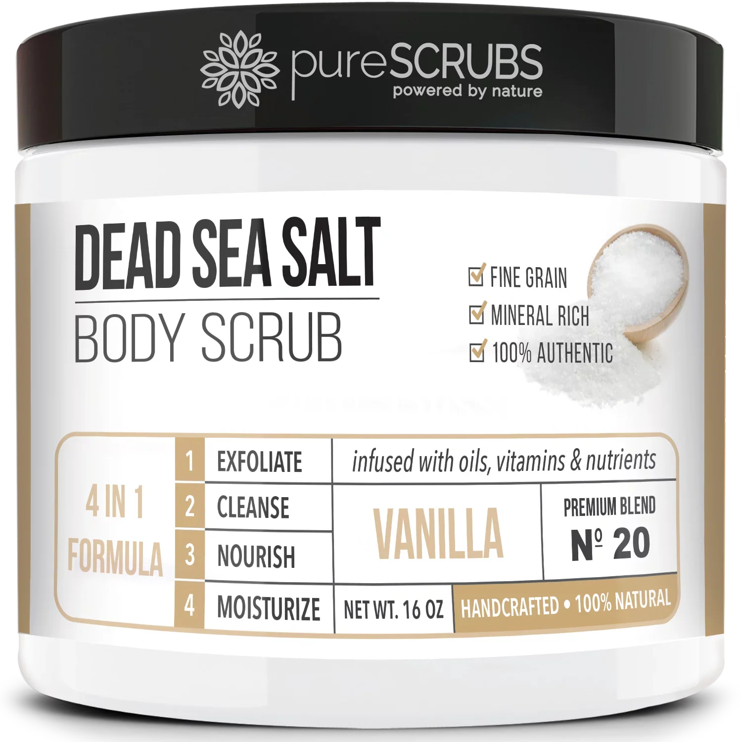 pureSCRUBS Premium Organic Body Scrub Set - Large 16oz VANILLA BODY SCRUB - Pure Dead Sea Salt Infused With Organic Essential Oils & Nutrients + FREE Wooden Spoon, Loofah & Mini Exfoliating Bar Soap