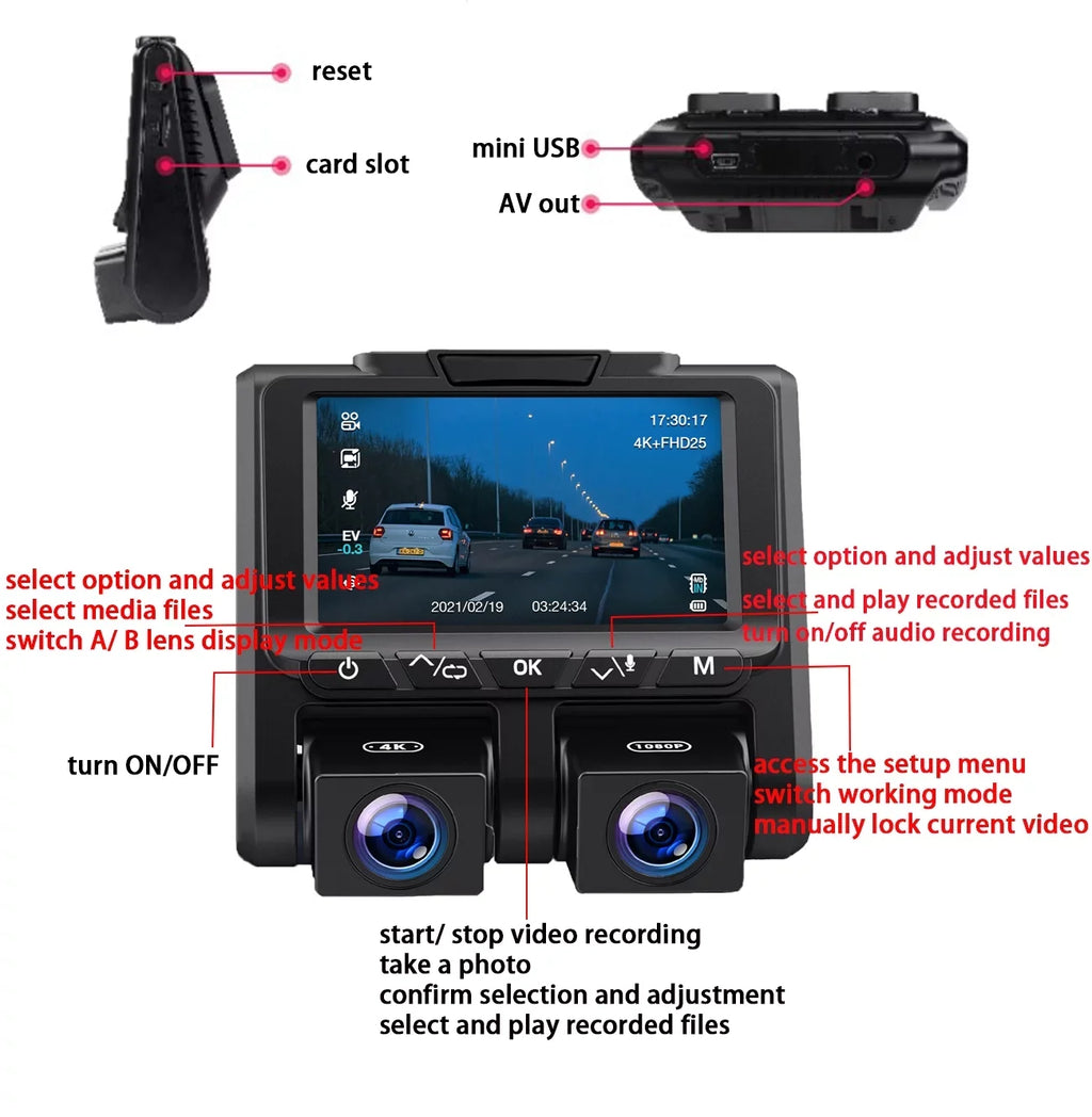4K Dash Camera TOGUARD 4K+1080P Dash Cam Front and Inside 3" LCD Screen Car Camera Loop Recording Parking Mode G-Sensor