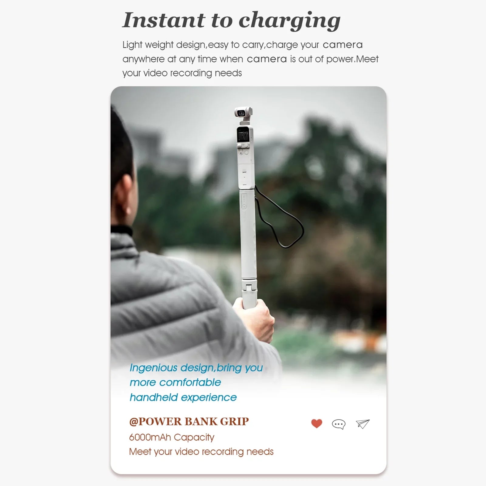 Multifunctional Power Bank Handle Grip with 6000mAh Large Capacity Battery 14 Inch Screw USB Charging Port Replacement for Action 2 OSMO Action FIMI PALM 2 FIMI PALM hero 8 9 10 ONE