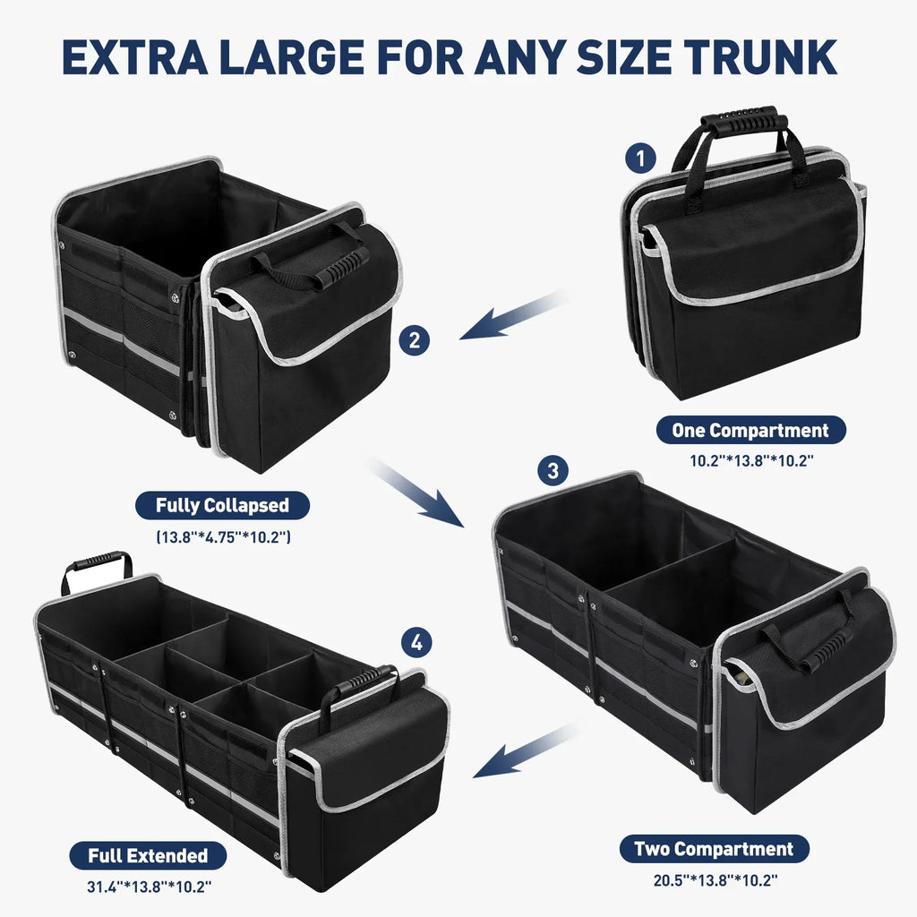 Car Trunk Storage Organizer, 4 in 1 Multi Compartment Collapsible Trunk Storage Box with Leakproof Insulated Cooler Bag for Car Truck SUV
