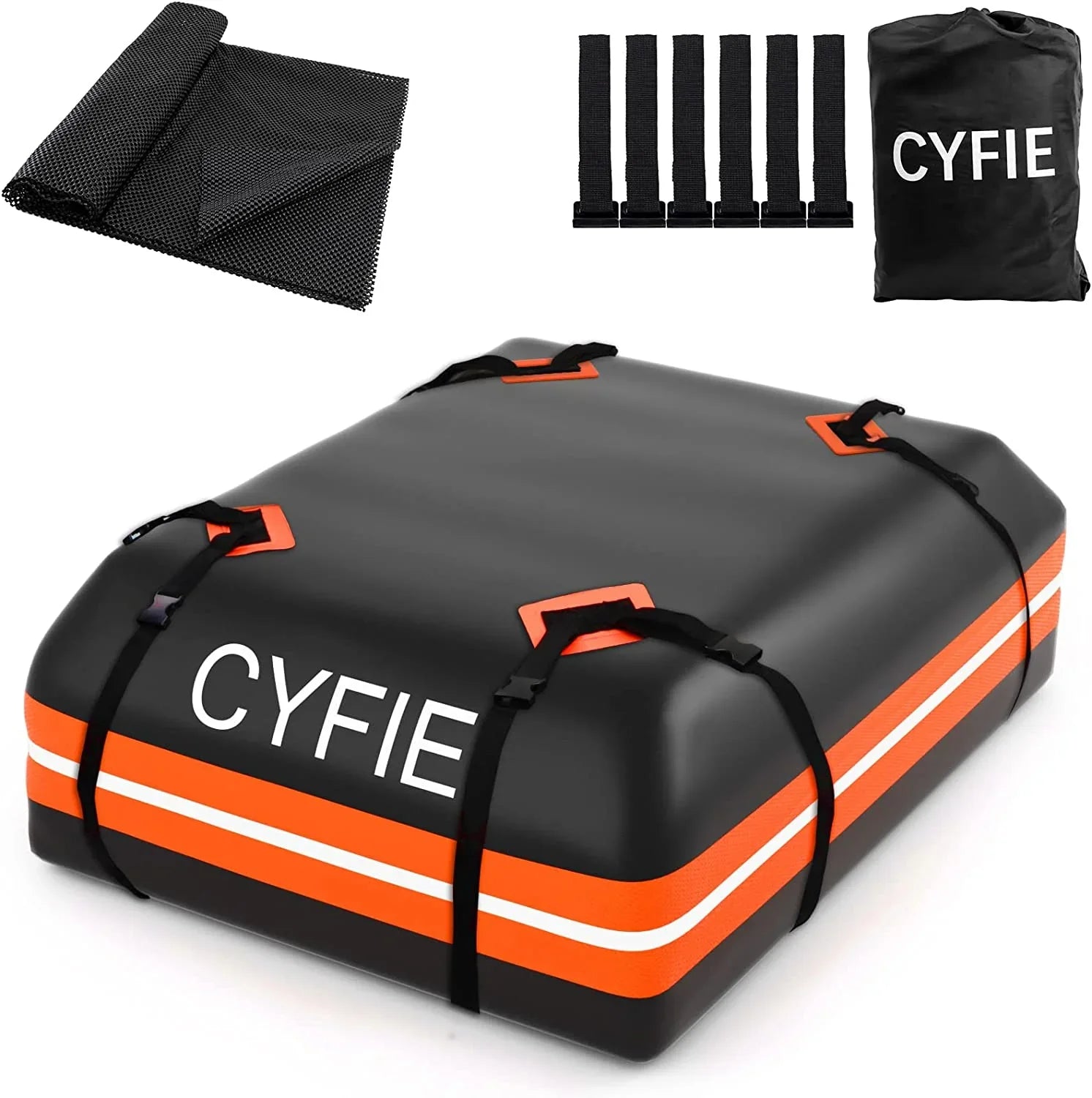 Cyfie Rooftop Cargo Bag for Car,SUV Car Top Carrier 15Cu. ft for All Cars with/Without Rack, Waterproof & Tearproof, Includes Anti-Slip Mat, 8 Reinforced Straps, 6 Door Hooks, Storage Bag