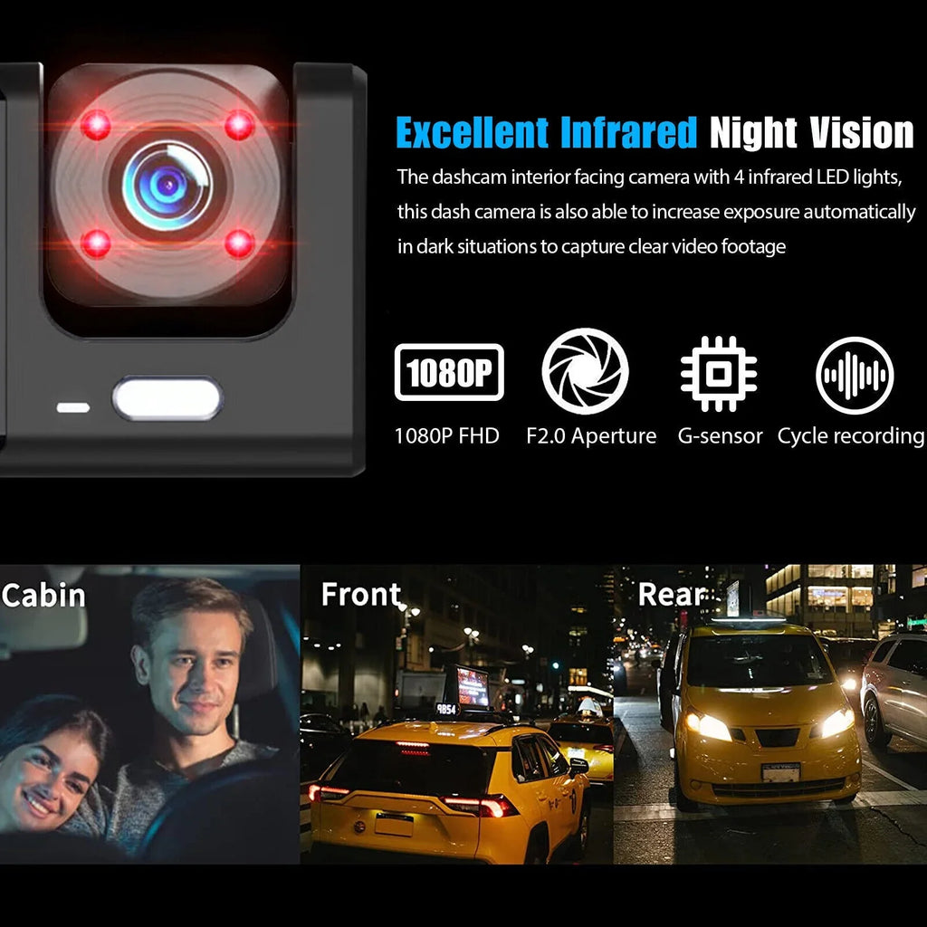 HD 1080P Car Dual Dash Cam, Front/Rear/Inside Dual Lens Dash Camera, Video Recorder Camera with G-sensor