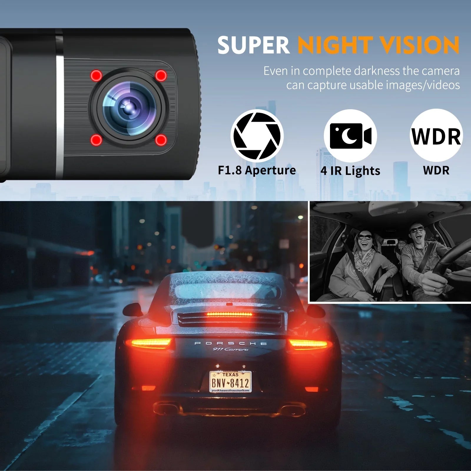 Abask J05 PRO DashCam 4K WiFi - Car Camera Front and Inside with Infrared Night Vision, 24H Parking Monitoring, Motion Sensor, 310° Wide Angle, G-Sensor, Loop Recording, HDR, Up to 128 Gigabytes