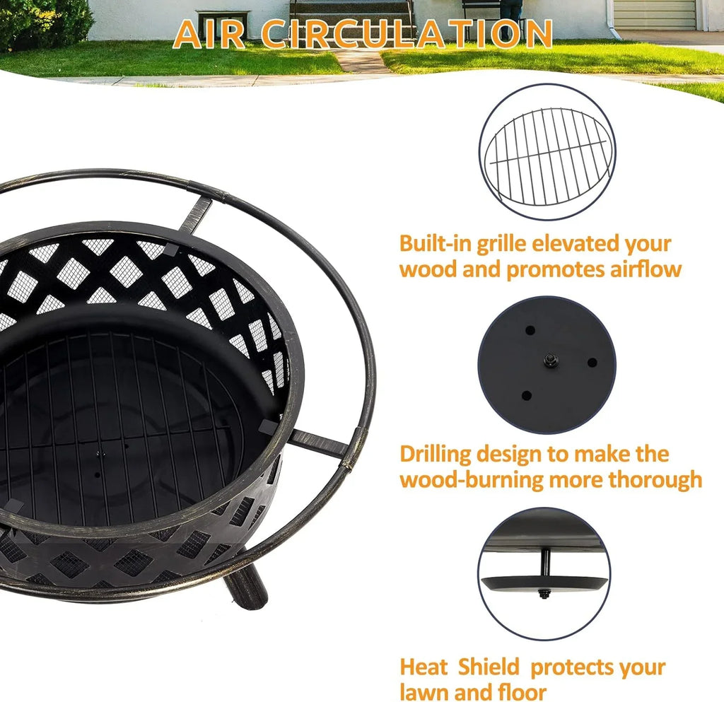 ECOPATIO Fire Pit for Outside, 30 Inch Large Outdoor Wood Burning Fire Pits, Patio Backyard Firepit with Steel BBQ Grill Cooking Grate, Spark Screen & Poker for Garden, Bonfire, Camping, Picnic