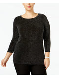 MICHAEL KORS Womens Black Metallic 3/4 Sleeve Boat Neck Sweater Plus 2X
