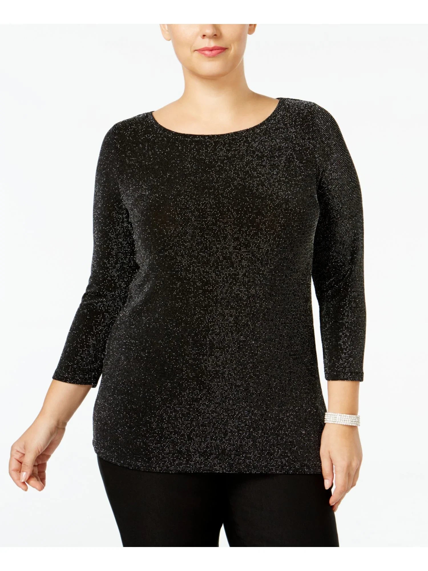 MICHAEL KORS Womens Black Metallic 3/4 Sleeve Boat Neck Sweater Plus 2X