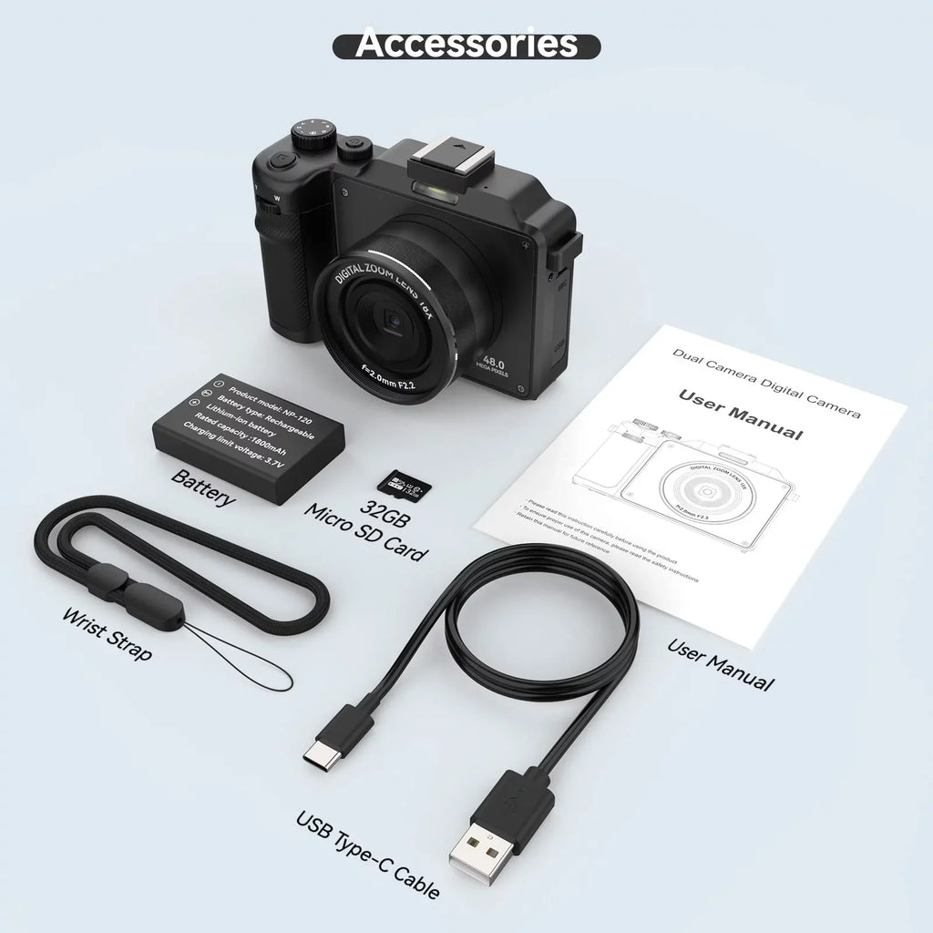 OIEXI 48MP Digital Camera for Photography,4K Video Camera with Front and Rear Dual Cameras,18X Digital Zoom,3.0-inch Screen,32GB Micro Card,Rechargeable Battery,Camera for Kids/Teens/Beginners(Black)