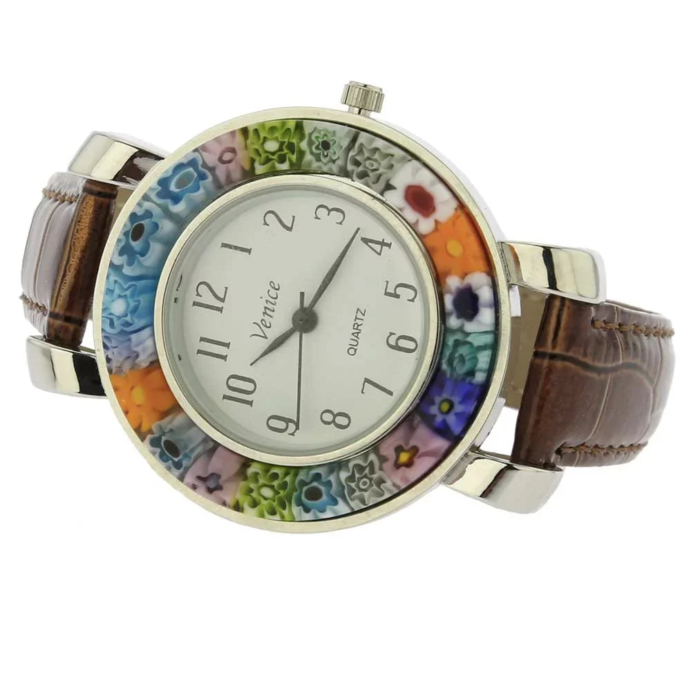 GlassOfVenice Serena Murano Millefiori Watch With Leather Band - Brown