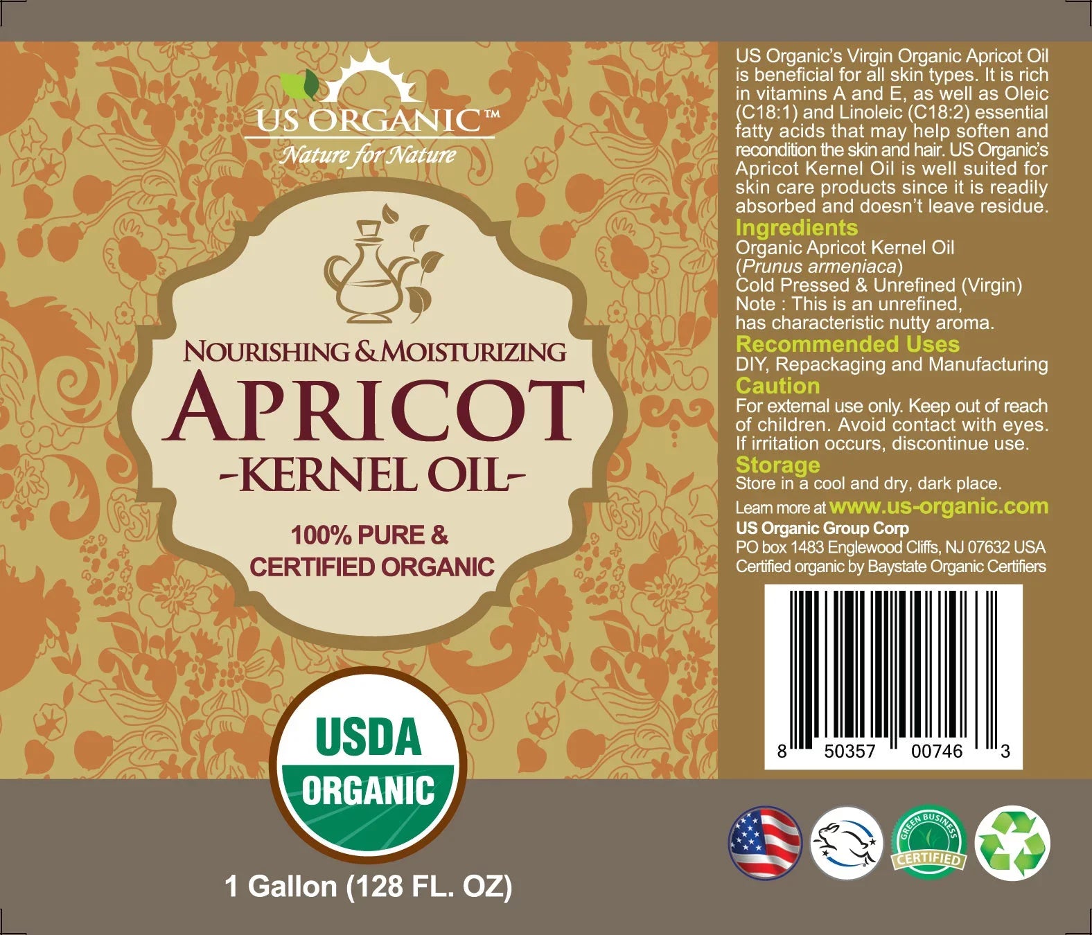 US Organic Apricot Kernel Oil, 100% Pure Certified USDA Organic, 128 oz (1 Gallon)
